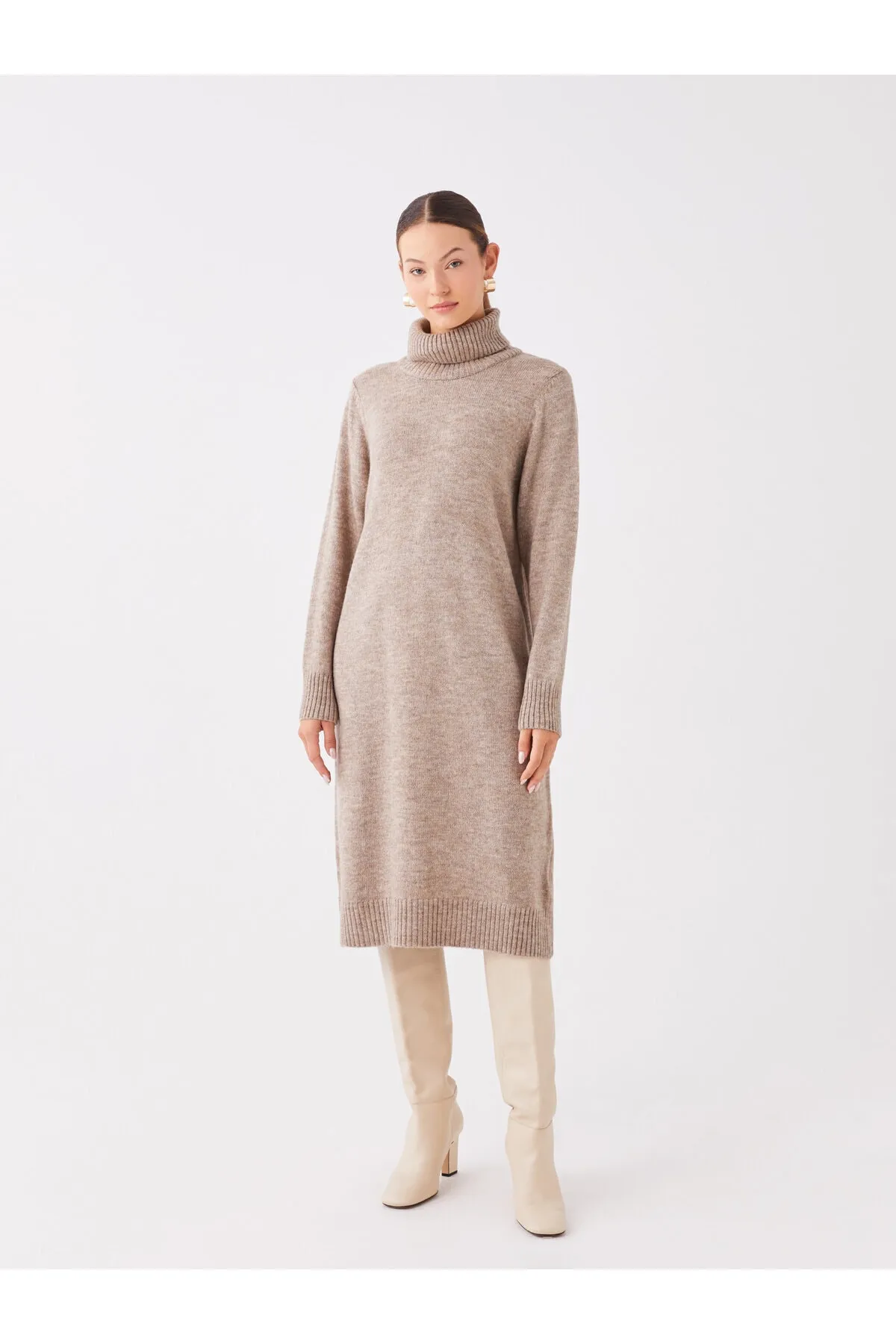 LC Waikiki  Rollkragenpullover, gerades Langarm-Strickkleid für Damen in Übergröße