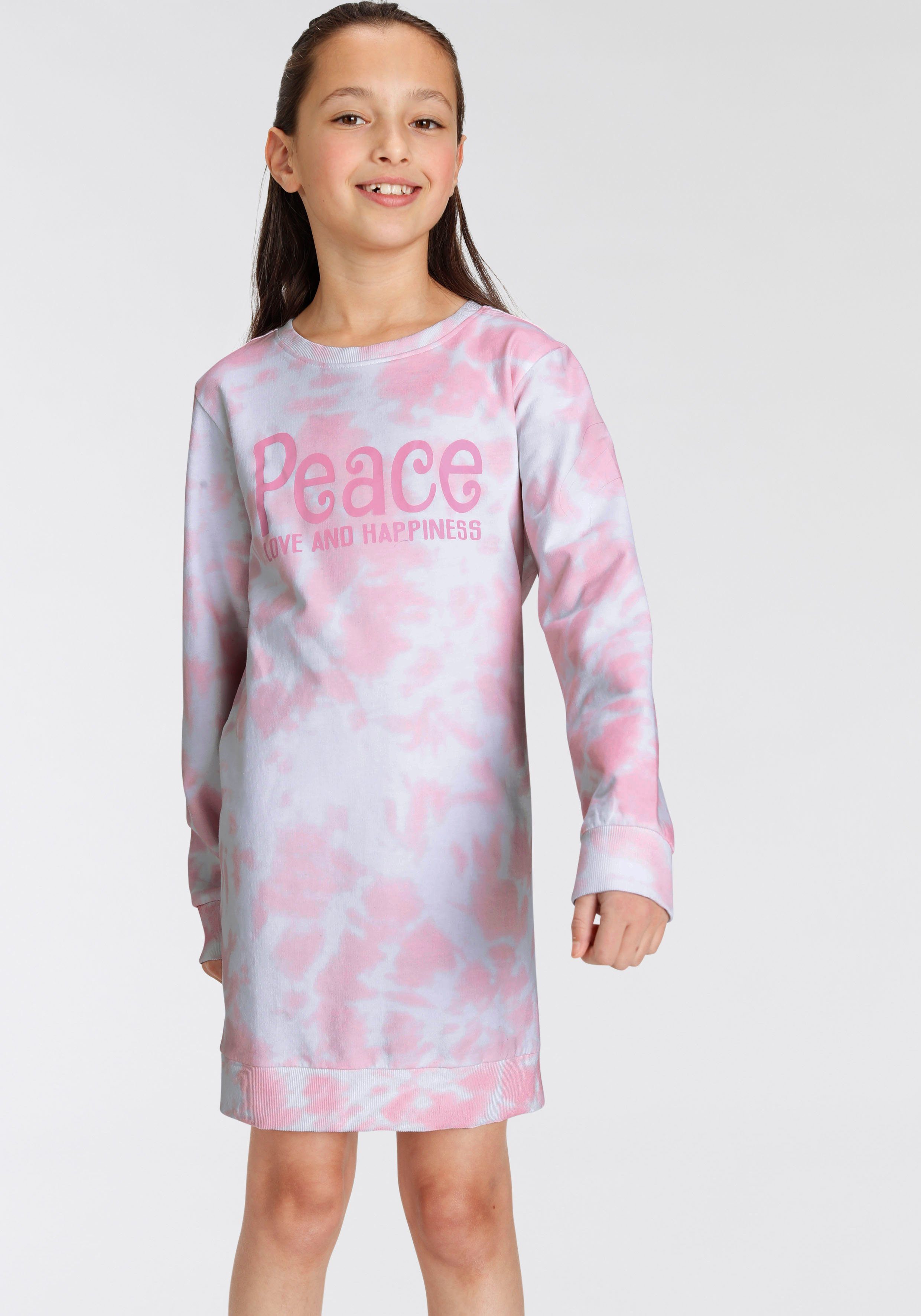 KIDSWORLD Sweatkleid Peace Love and Happiness Batikmuster