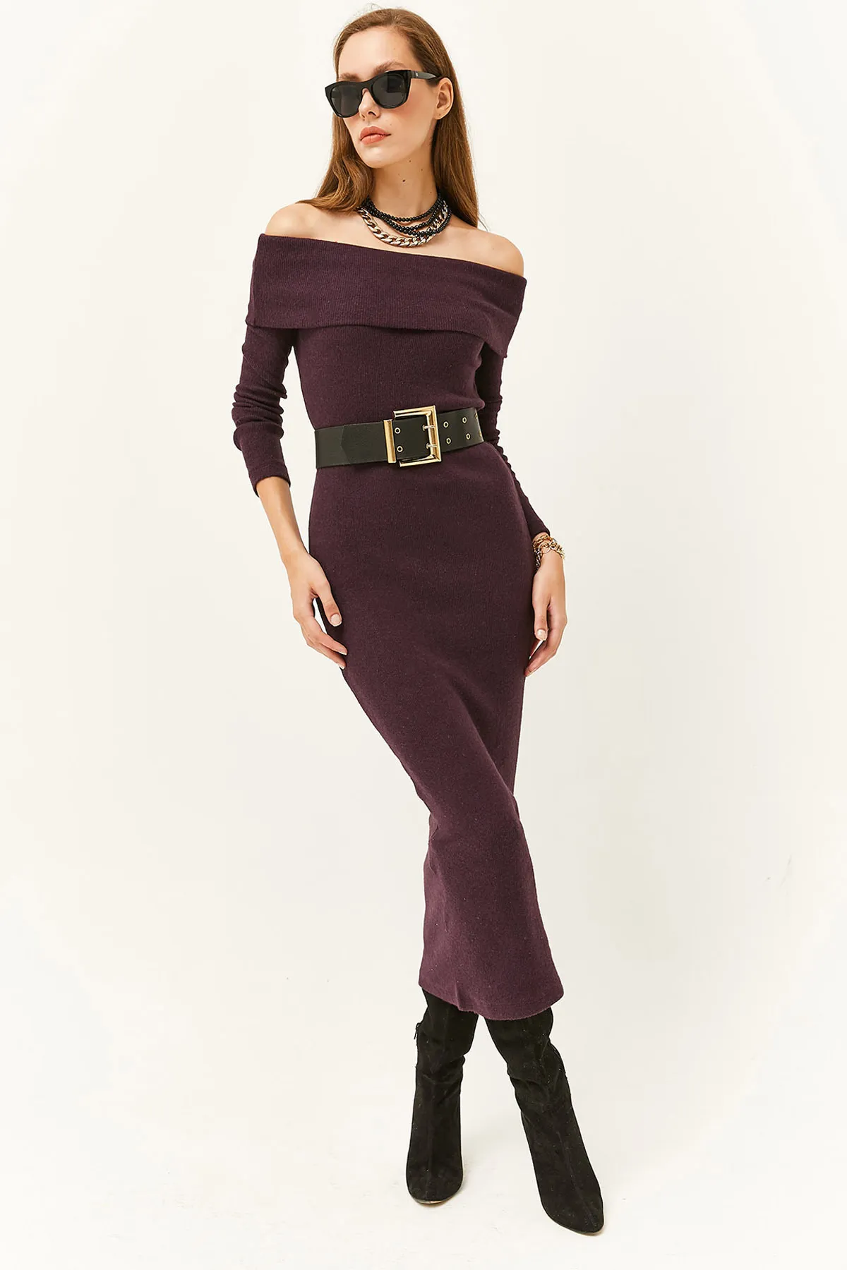 Olalook  Pflaumenfarbenes langes Kleid aus Lycra mit Madonna-Kragen für Damen ELB-19000752