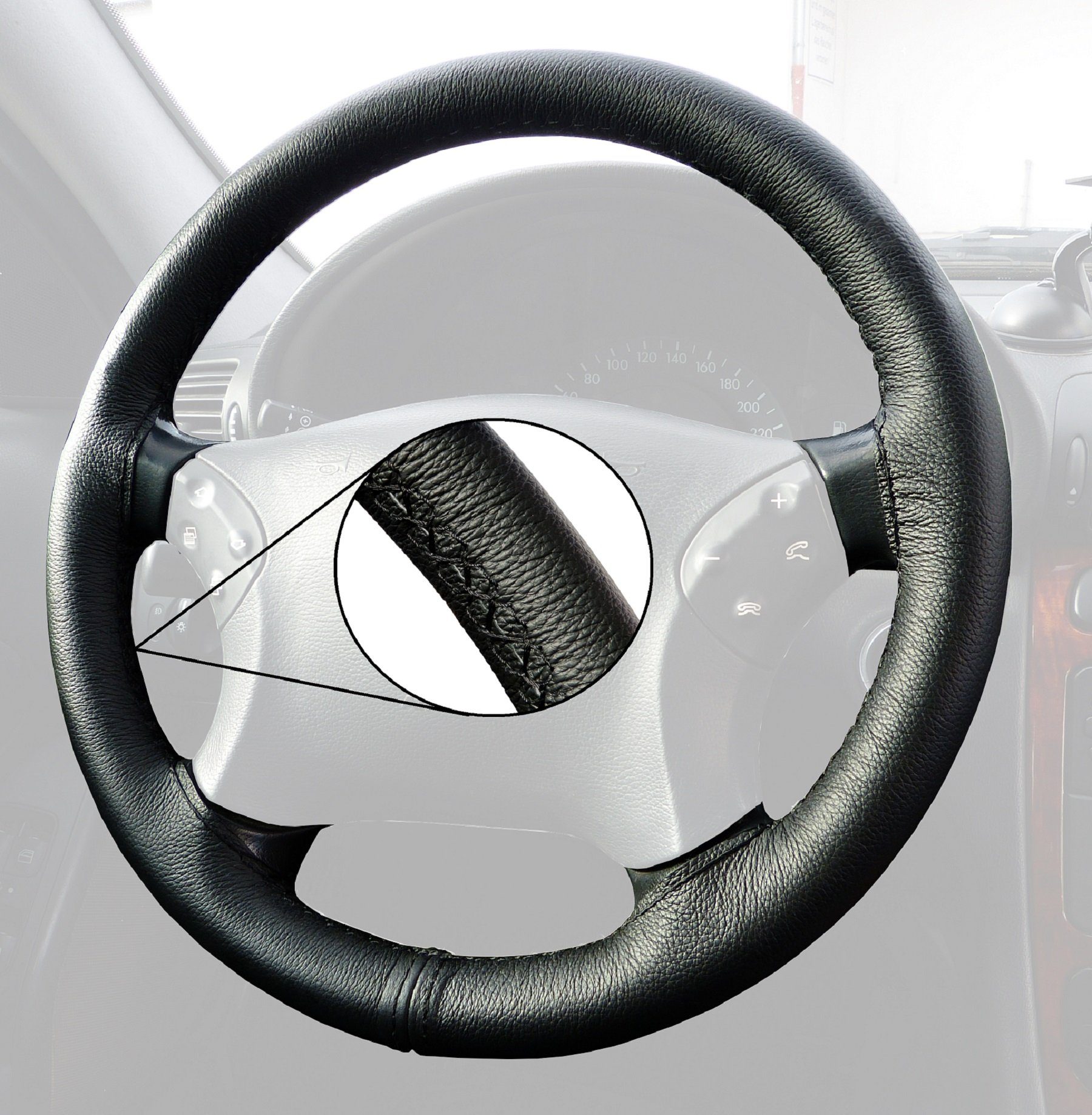 LECO Lenkradbezug Lenkradhülle Auto schwarz mit bunter Naht für viele Modelle von VW, Echtleder