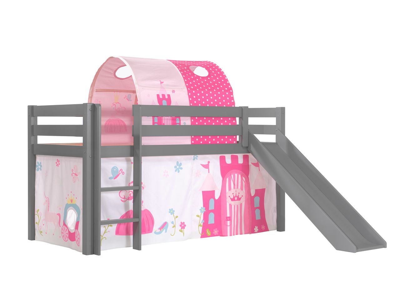 VIPACK Spielbett Pino inkl. Rutsche mit Textilset Vorhang und Tunnel 