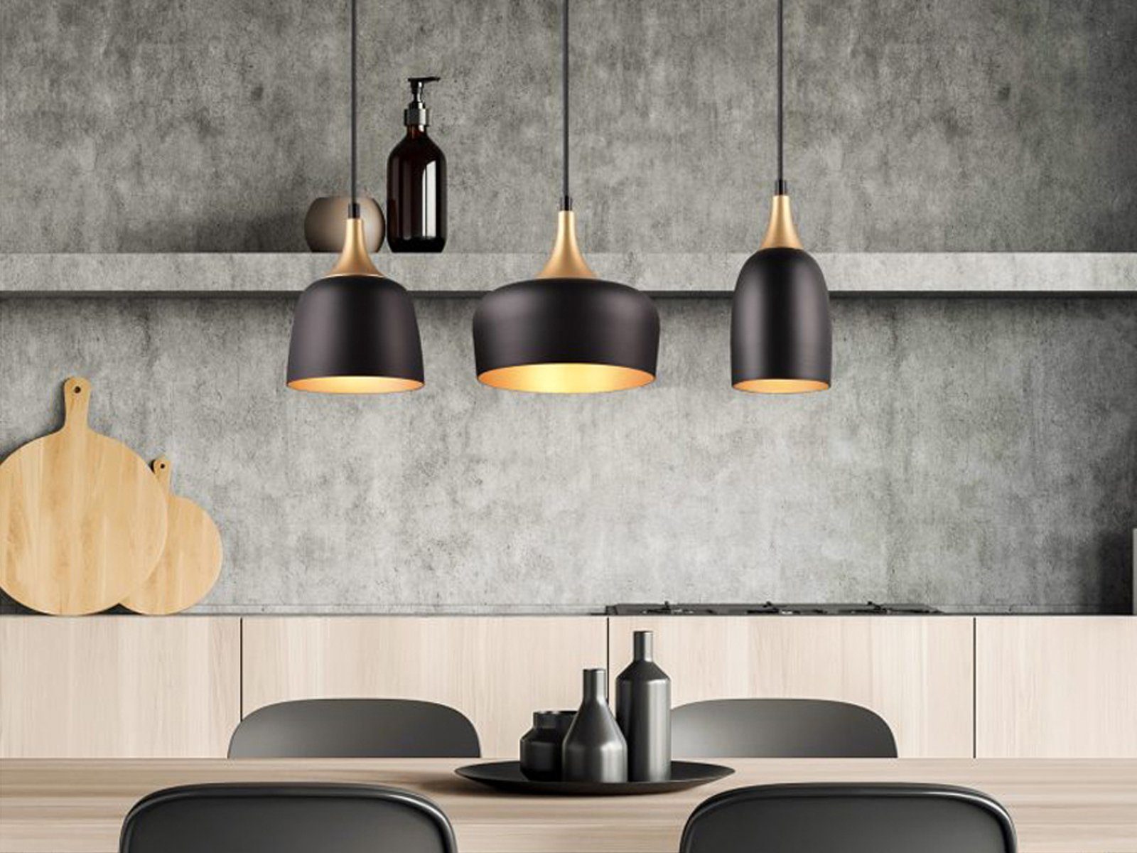 meineWunschleuchte LED Pendelleuchte, Dimmfunktion, LED wechselbar, warmweiß, Designer Balken-Lampe übern Esstisch 3 flammig Schwarz Gold dimmbar