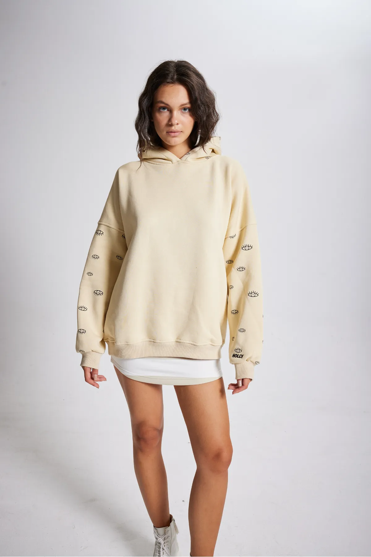 HOLLY LOLLY  Übergroße Kapuzen-Unisex-Augen-Sweatshirts Beige