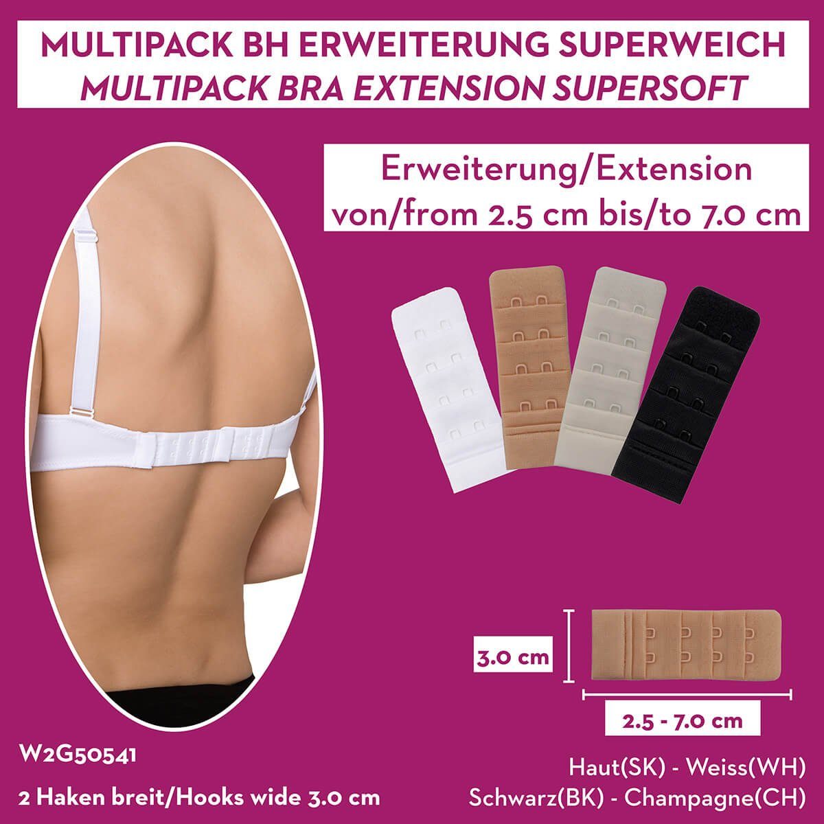 Miss Perfect BH-Verlängerung W2G50540-63, 1, 2, 3 oder 4 Haken und softer Plüschrückseite im 4er- oder 6er-Set