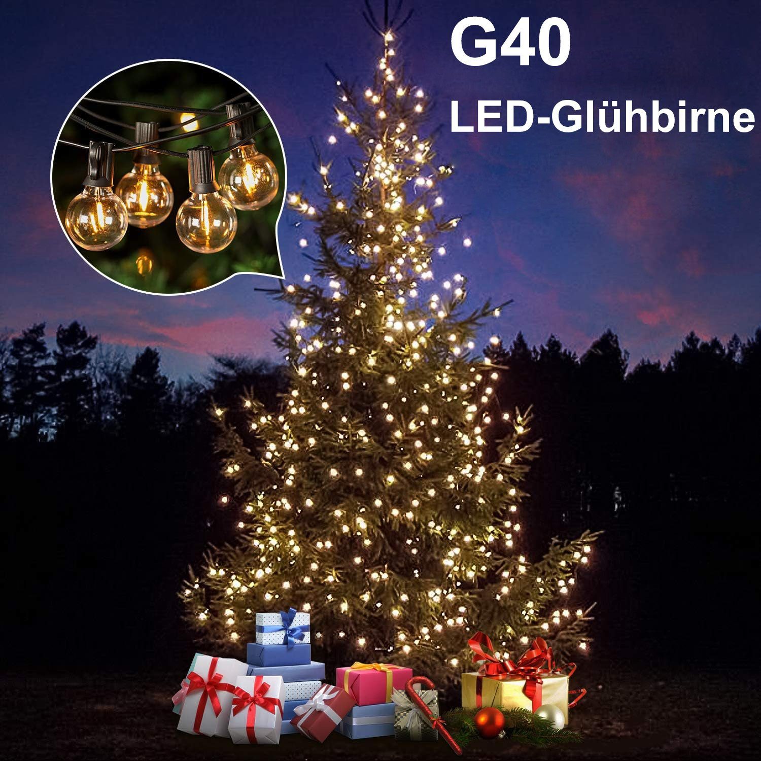 Rosnek LED-Lichterkette G40, Anschließbar, 10/25/30/50 Steckdosen, wasserdicht, für Hinterhof, Veranda Balkon Party Deko