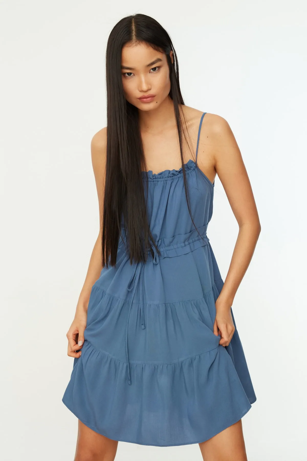 Trendyol Collection  Indigoblaues Mini-Kleid mit geraffter Taille, gewebt, gerafft, TWOSS20EL2679