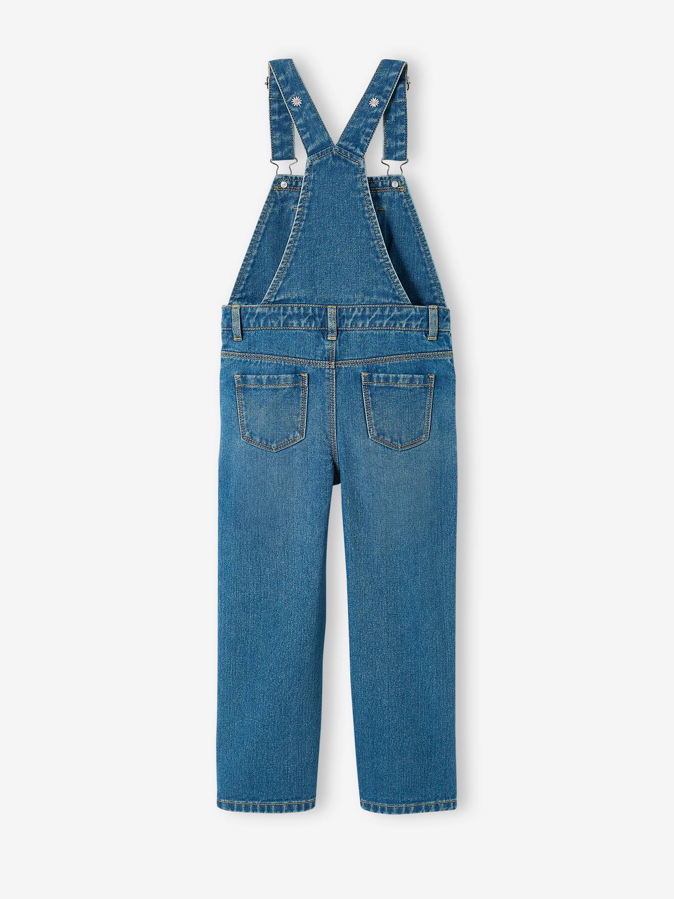 Salopette en jean brodée fleurs fille jambes larges stone