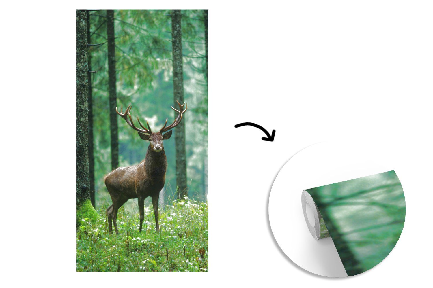 MuchoWow Fototapete Hirsche - Wald - Bäume - Tiere - Natur, Matt, bedruckt, (2 St), Vliestapete für Wohnzimmer Schlafzimmer Küche, Fototapete