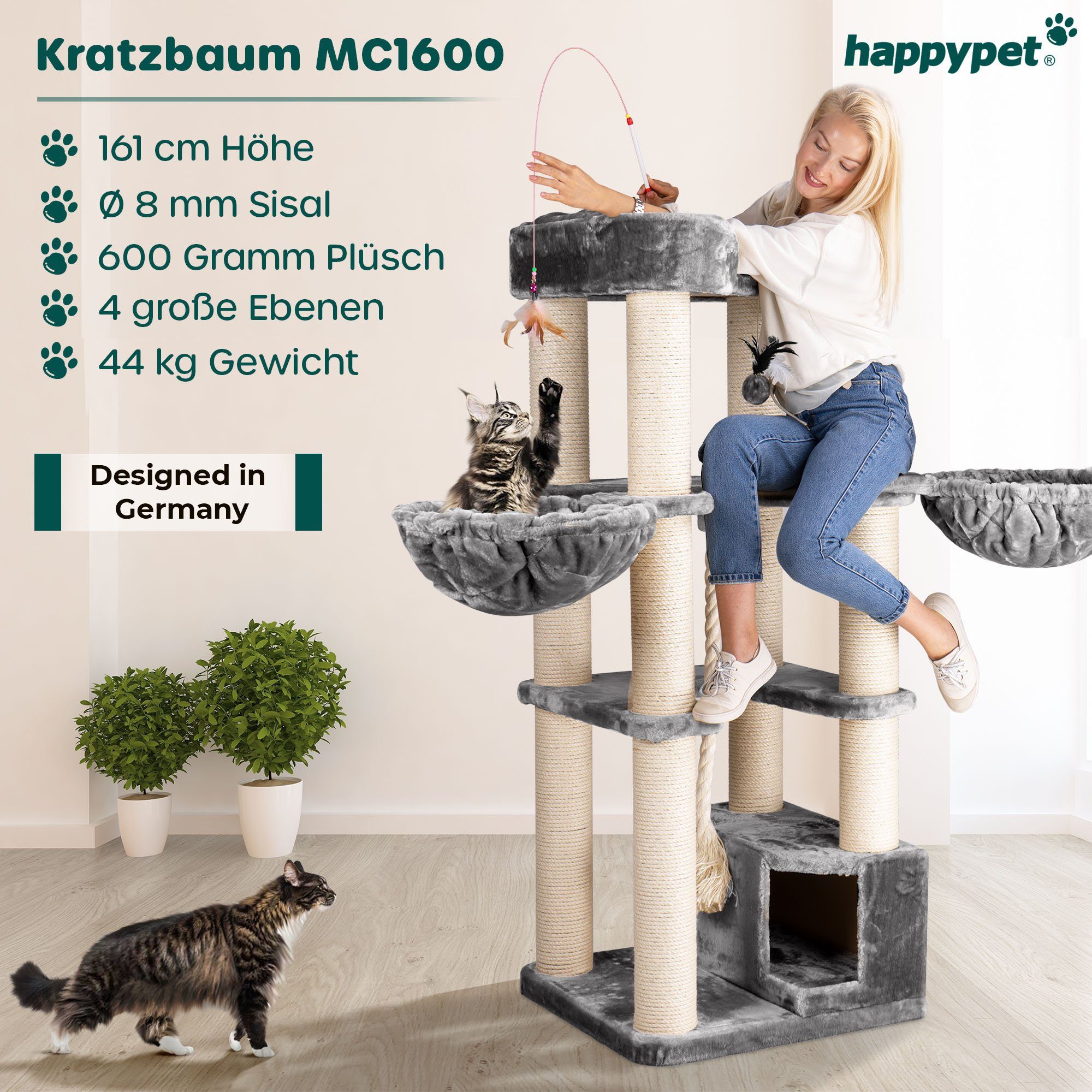Happypet Kratzbaum MC1600, Gesamthöhe: ca. 161 cm, Haus: ca. 64x30x30 cm, Kratztau: Ø ca. 3,5 cm.