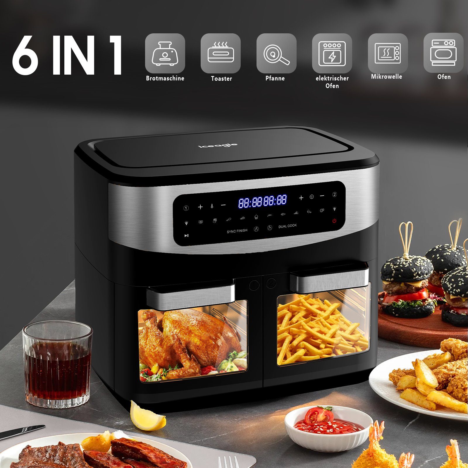 iceagle Heißluftfritteuse 5511D XXL, Air fryer 12L ohne fett, LED Touchscreen,Braten, 2200,00 W, LED Touchscreen, spuelmaschinengeeignet, Sync Finish Funktion, ohne Ol