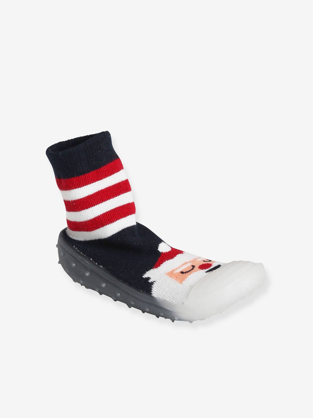Chaussons-chaussettes de Noël enfant antidérapants rayé rouge