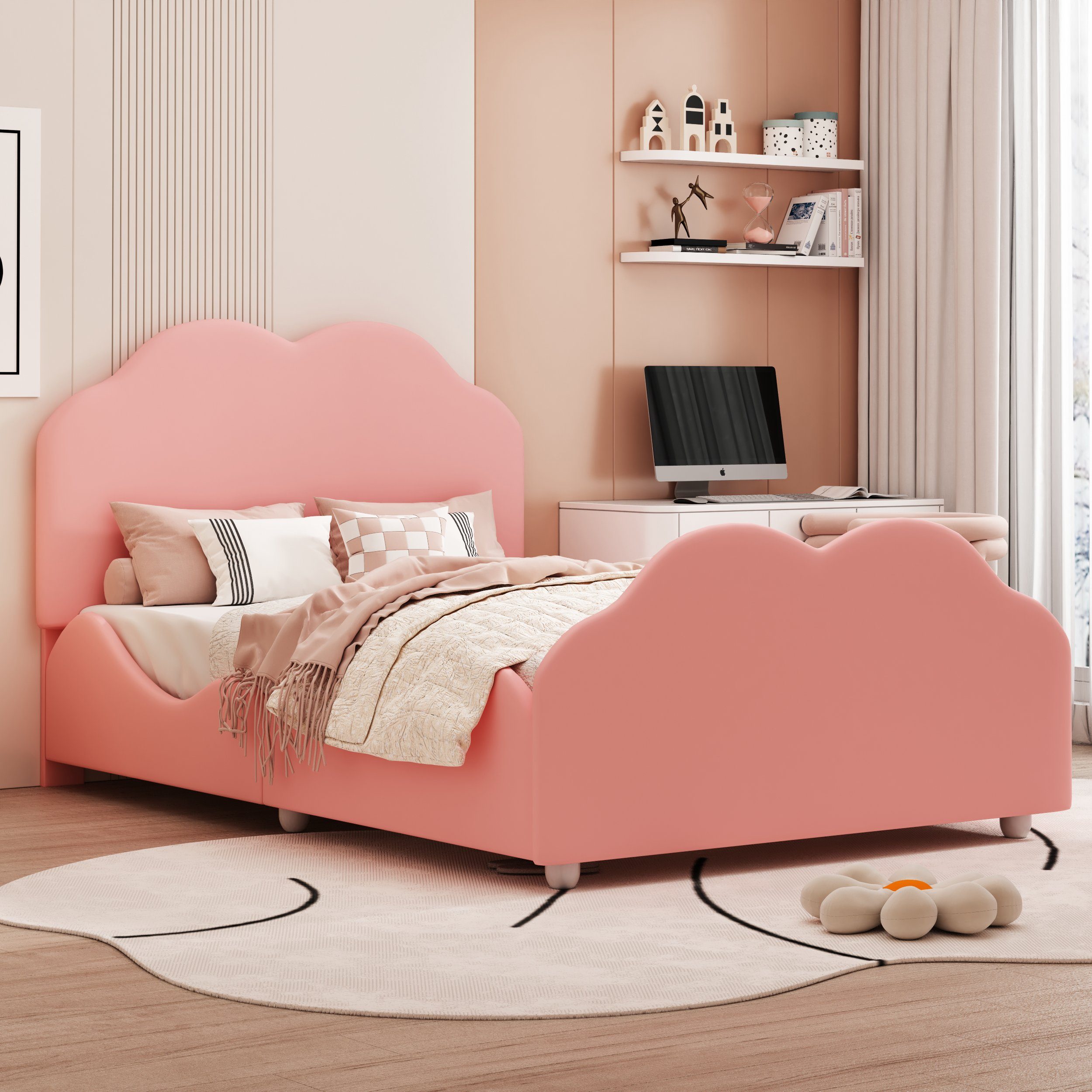 Flieks Kinderbett, süße Wolkenform Einzelbett Polsterbett 90x200cm Samt