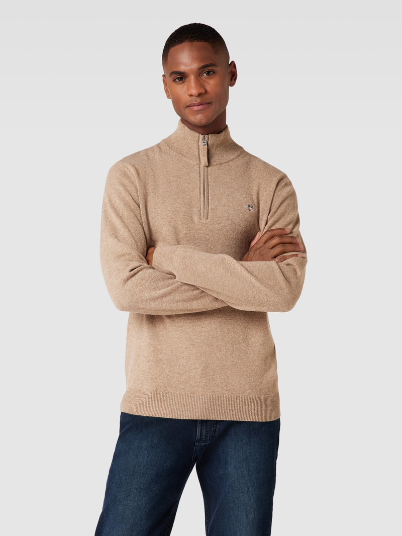 Strickpullover aus Wolle mit kurzem Reißverschluss in sand meliert
