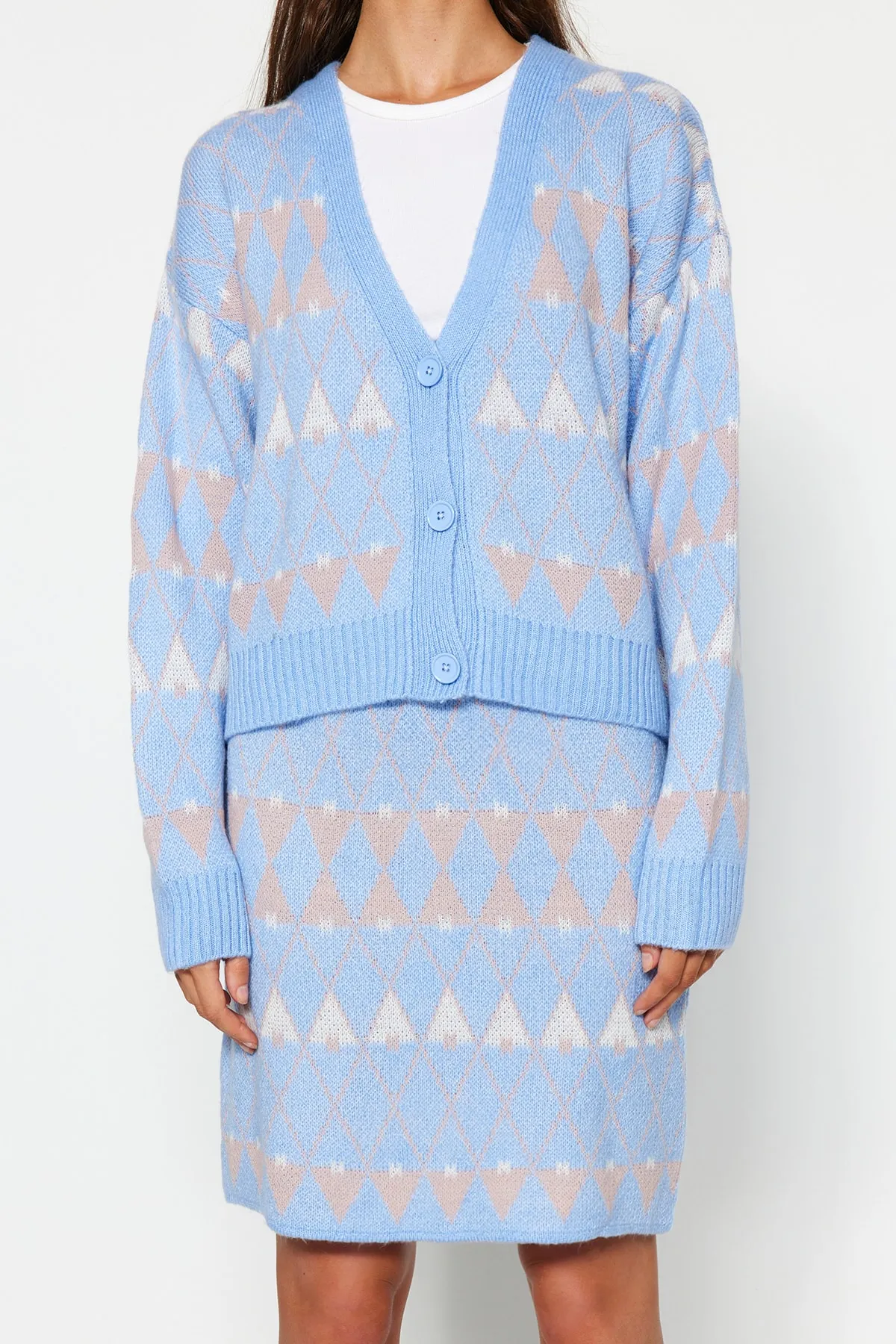 Trendyol Collection  Blaues, weit geschnittenes Strickoberteil und -unterteil-Set mit Muster TWOAW24AU00055