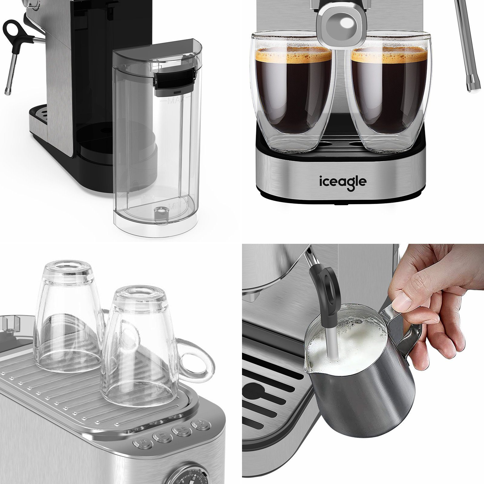iceagle Espressomaschine Espressomaschine,Kaffeemaschine mit Milchschaumdüse, Filter aus rostfreiem Stahl, für Espresso&Cappuccino, Siebträgermaschine einstellbar Temperatur