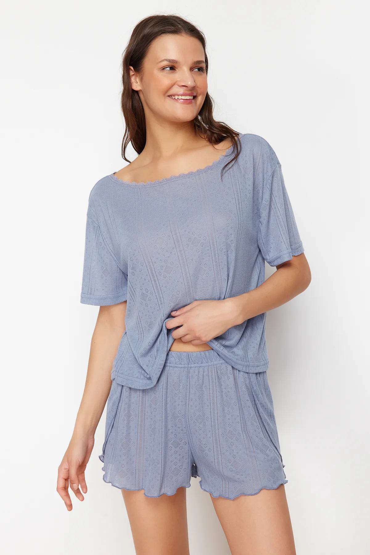 Trendyol Collection  Mehrfarbiges Pyjama-Oberteil aus Pointel-Strick mit Lochmuster im 2er-Pack THMSS24PT00276