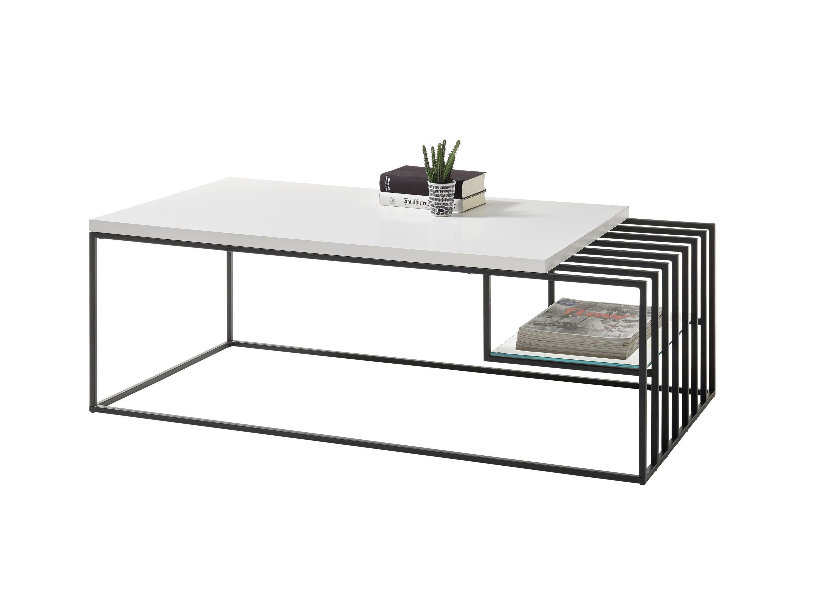 möbelando Couchtisch Jurien Bay, Moderner Couchtisch, Tischplatte aus Spanplatte in Weiß matt lackiert, Gestell aus Metall in Schwarz pulverbeschichtet mit 1 offenen Fach. Breite 120 cm, Höhe 40 cm, Tiefe 60 cm