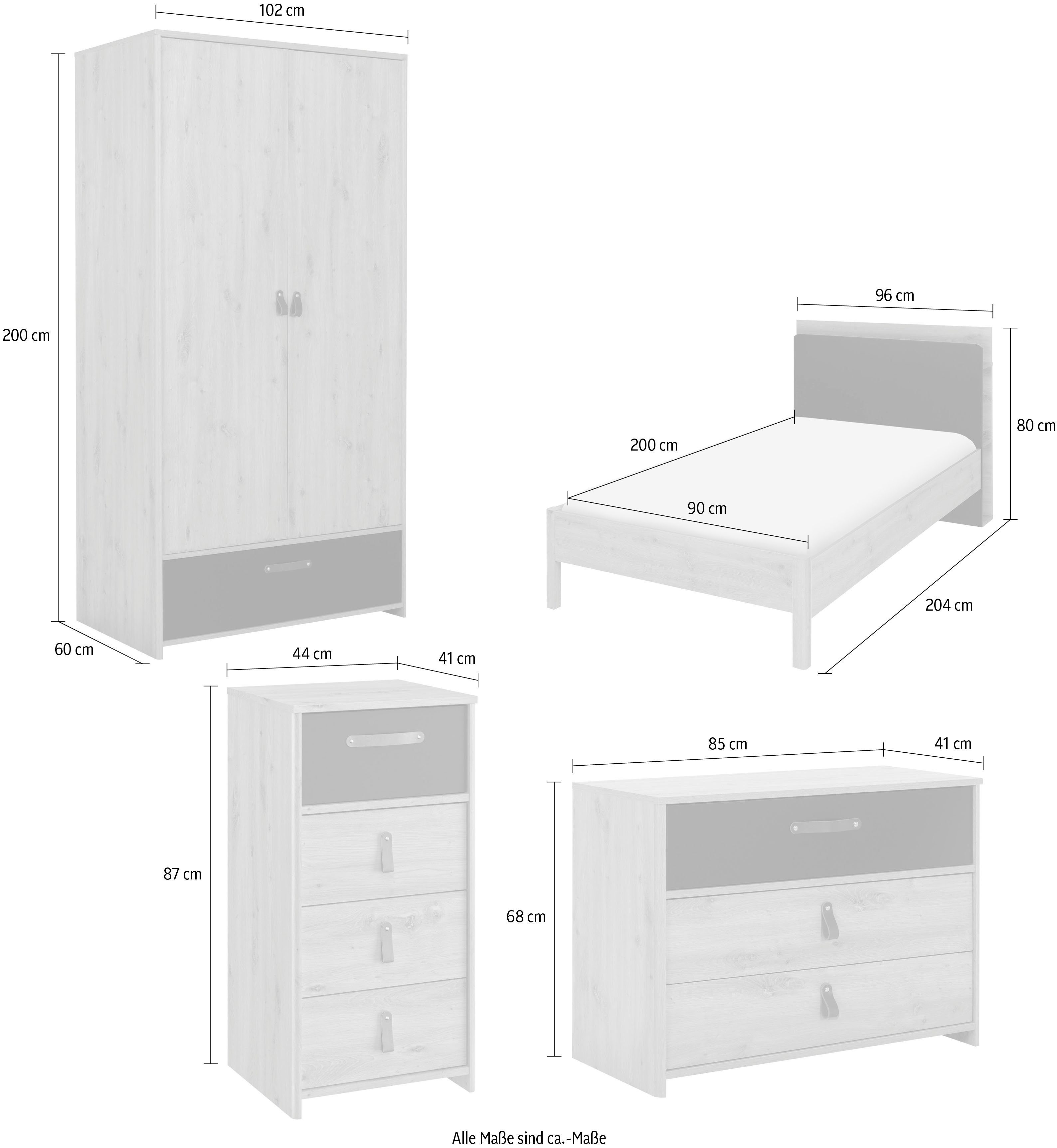 Gami Jugendzimmer-Set Arthus, (5-St., Bett mit Kopfteil, Kleiderschrank, Kommode, hohe Kommode)