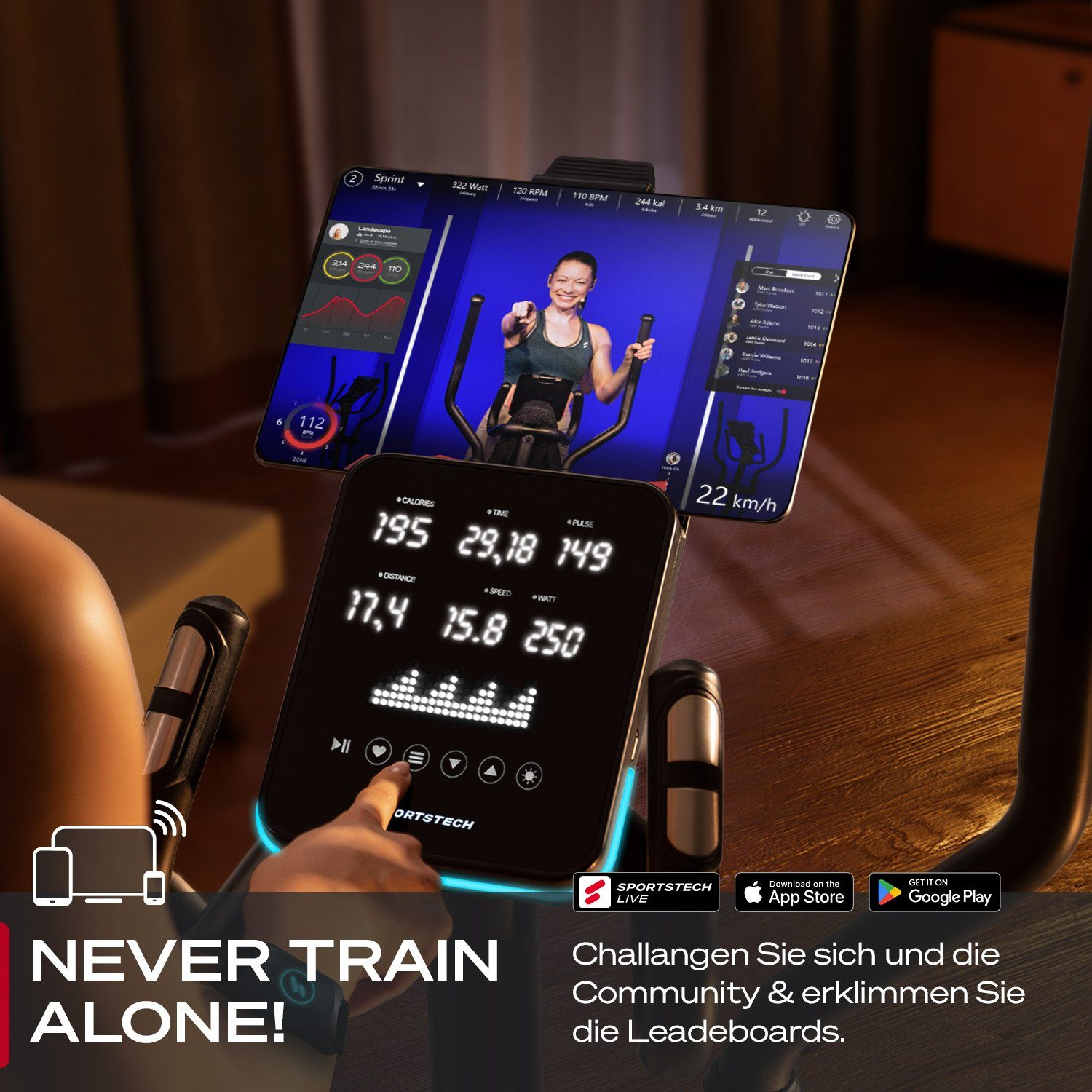 Sportstech Crosstrainer CX700, innovativer LED Technologie, Profigerät Crosstrainer für Zuhause