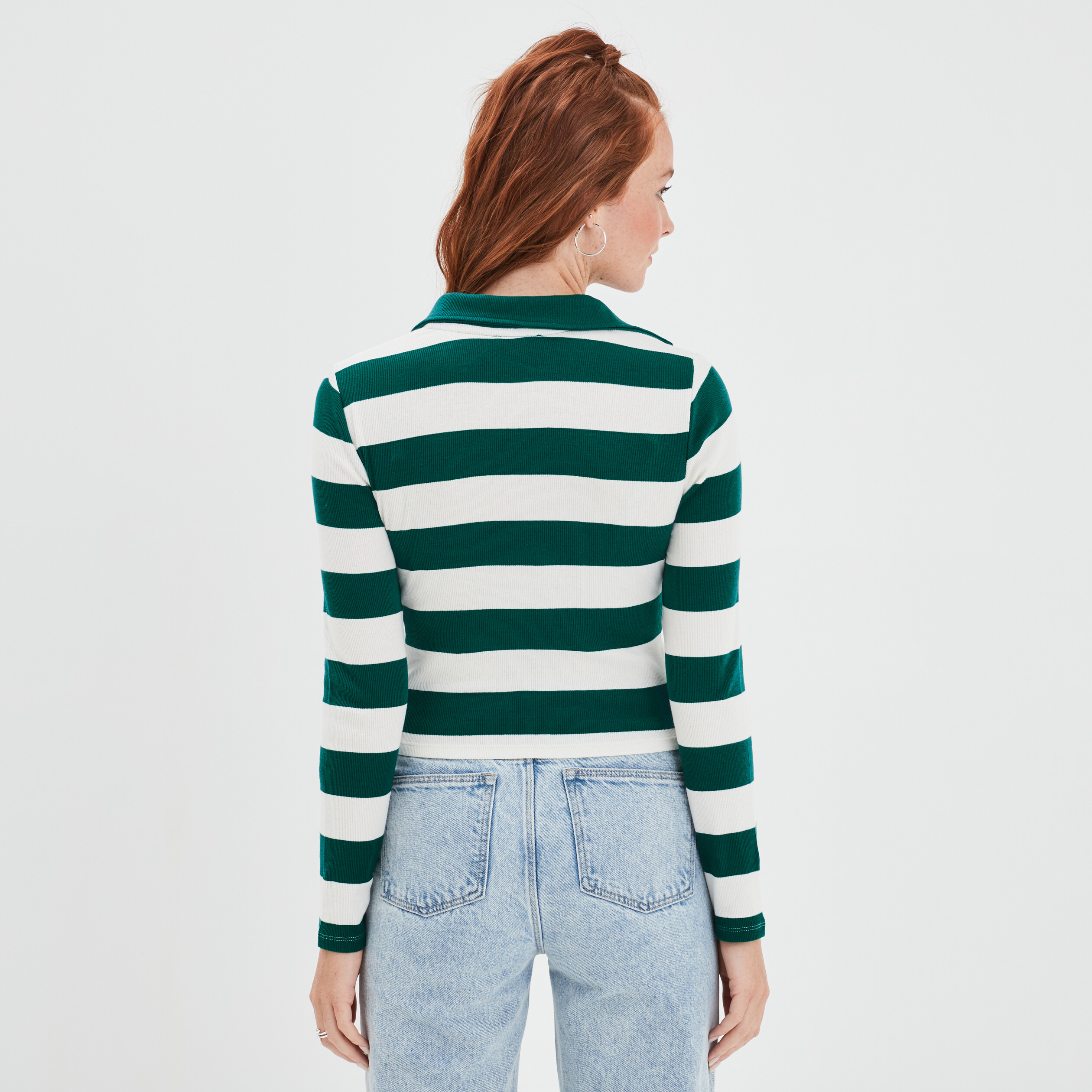T-shirt court col polo côtelé Creeks vert foncé femme | La Halle