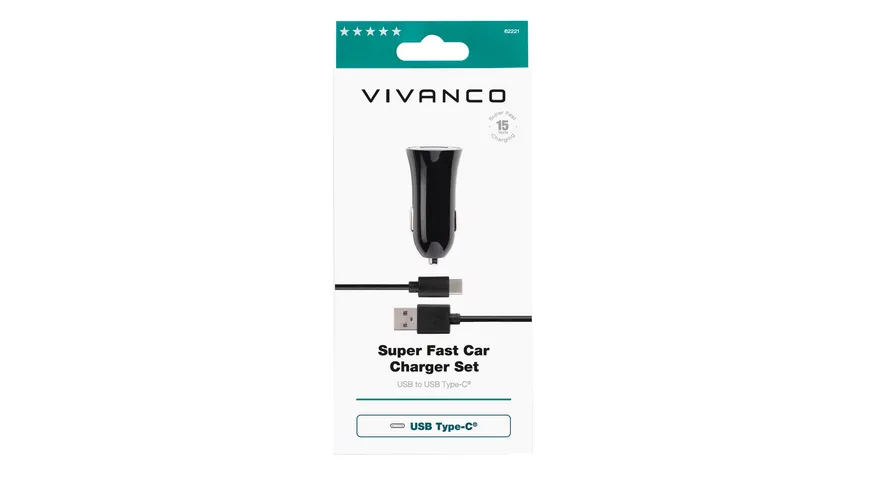 Vivanco Super Fast Car Charger Set, Kfz Schnellladegerät inkl. USB Type-C™ Kabel, 15W