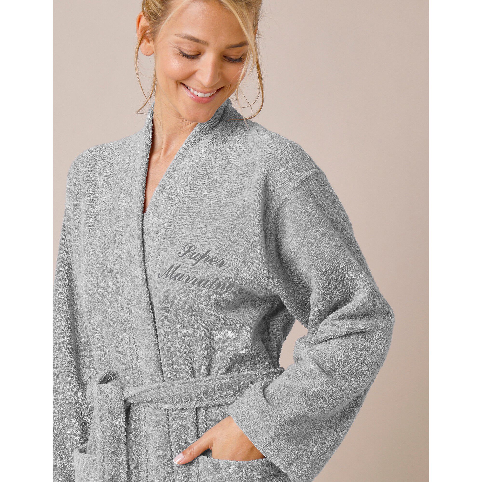 Peignoir mixte adulte uni coton éponge bouclette col kimono personnalisé