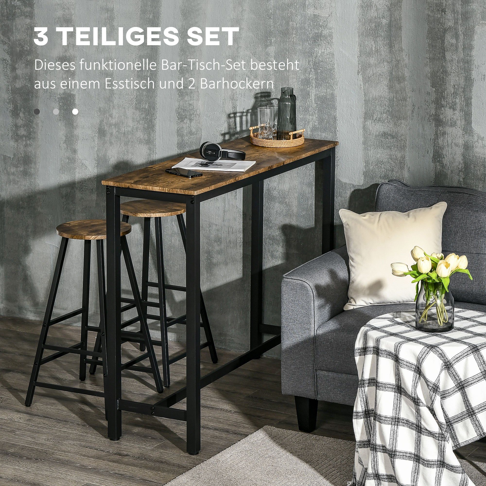 HOMCOM Bargruppe mit Hockern Industrie Design Holzwerkstoff