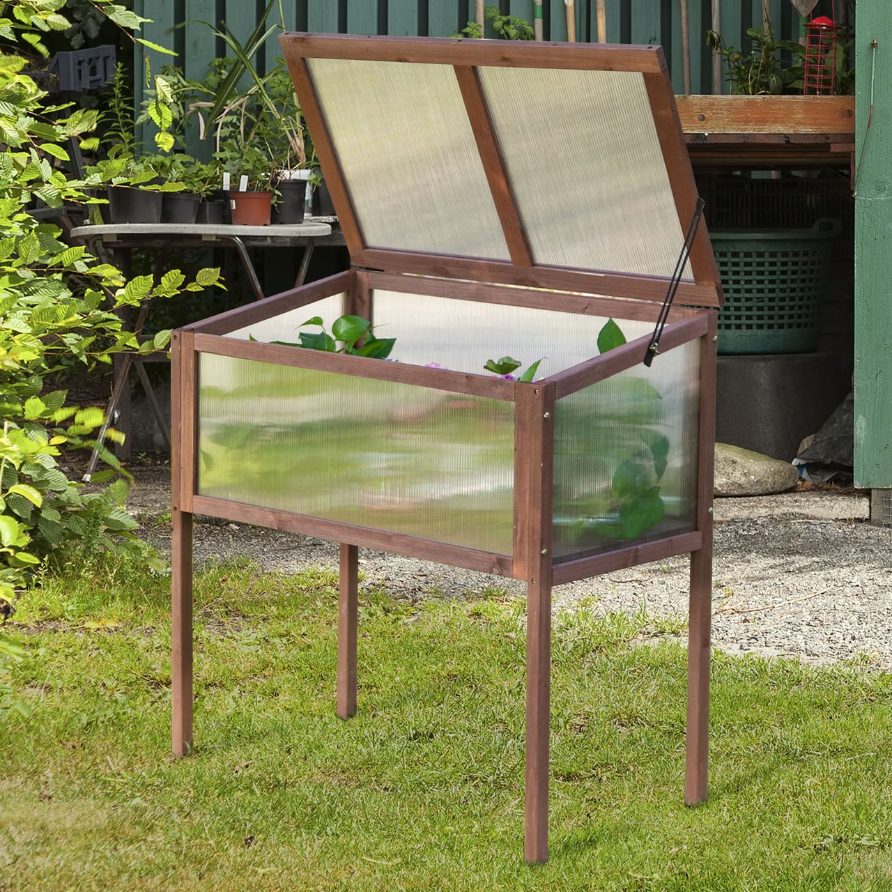 Outsunny Hochbeet aus Holz Frühbeet Gewächstisch Braun Tannenholz PC-Platte 90 x 50 x 93 cm