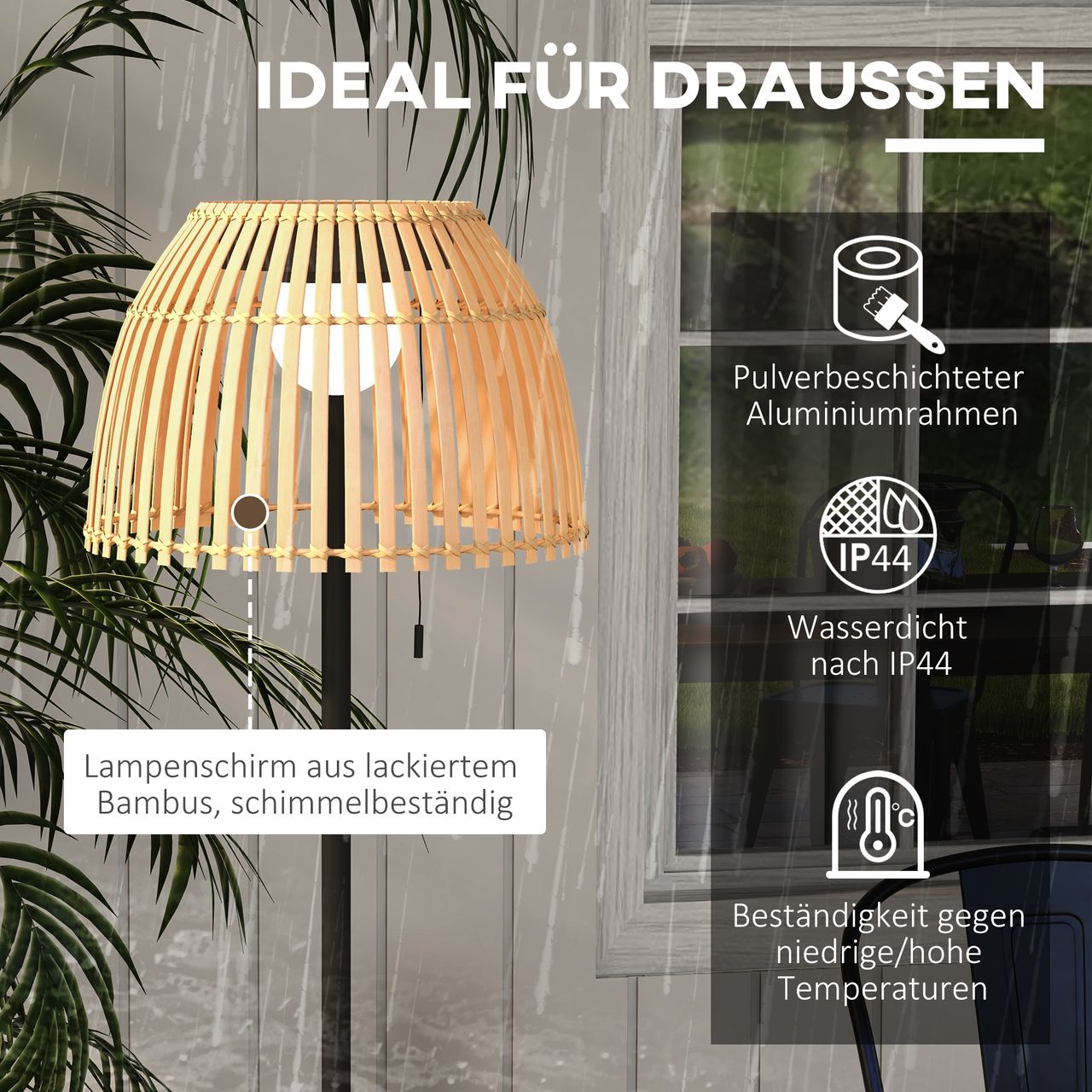 Outsunny Solar Stehlampe, Outdoor/Indoor, Bambusschirm, Alurahmen, Schwarz/Natur