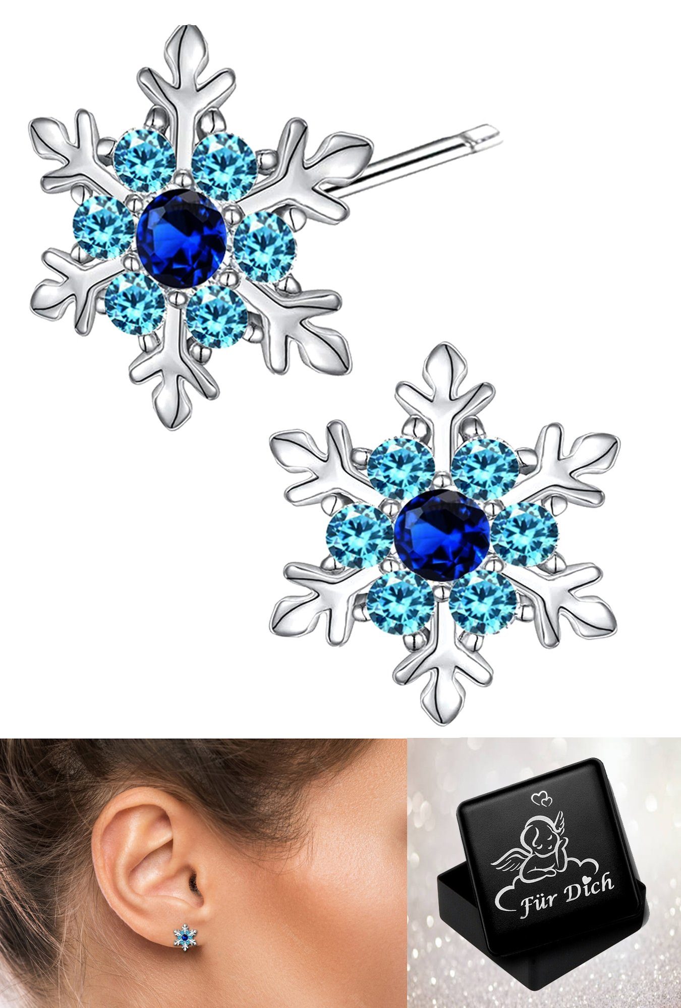 Limana Paar Ohrstecker Schneeflocke Stern Silber 925 Geschenk Idee Nikolaus Weihnachten (inkl. Geschenkdose mit Engel), 9mm Kinderohrringe Mädchenohrringe Damenohrringe mit Zirkonia
