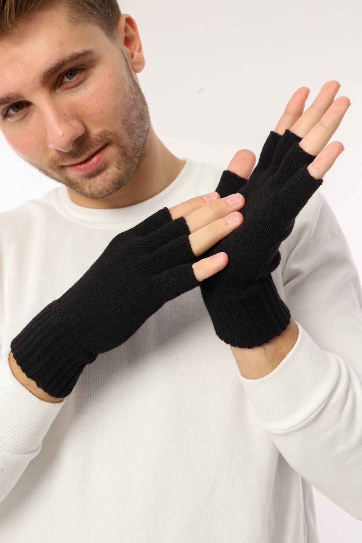herémood Strickhandschuhe fingerlose Winterhandschuhe Halbfinger Rippstrick Damen Herren