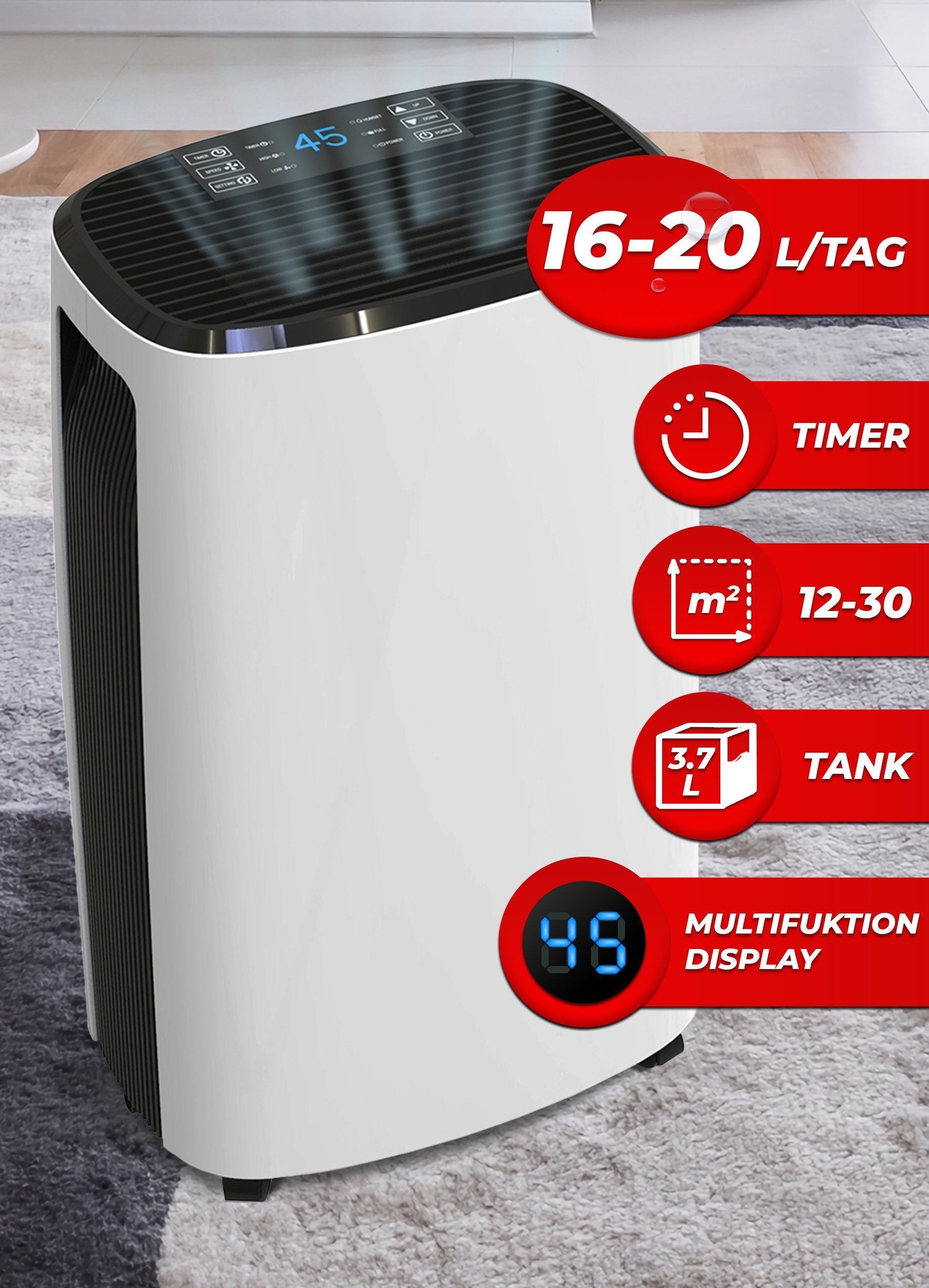 VENDOMNIA Luftreiniger Luftentfeuchter 16/20 L Auto-Modus Raumentfeuchter, Entfeuchtungsgerät, für 30 m² Räume, 3,7L Behälter, bis 30 m², elektrisch, Timer, Wäschetrocknung