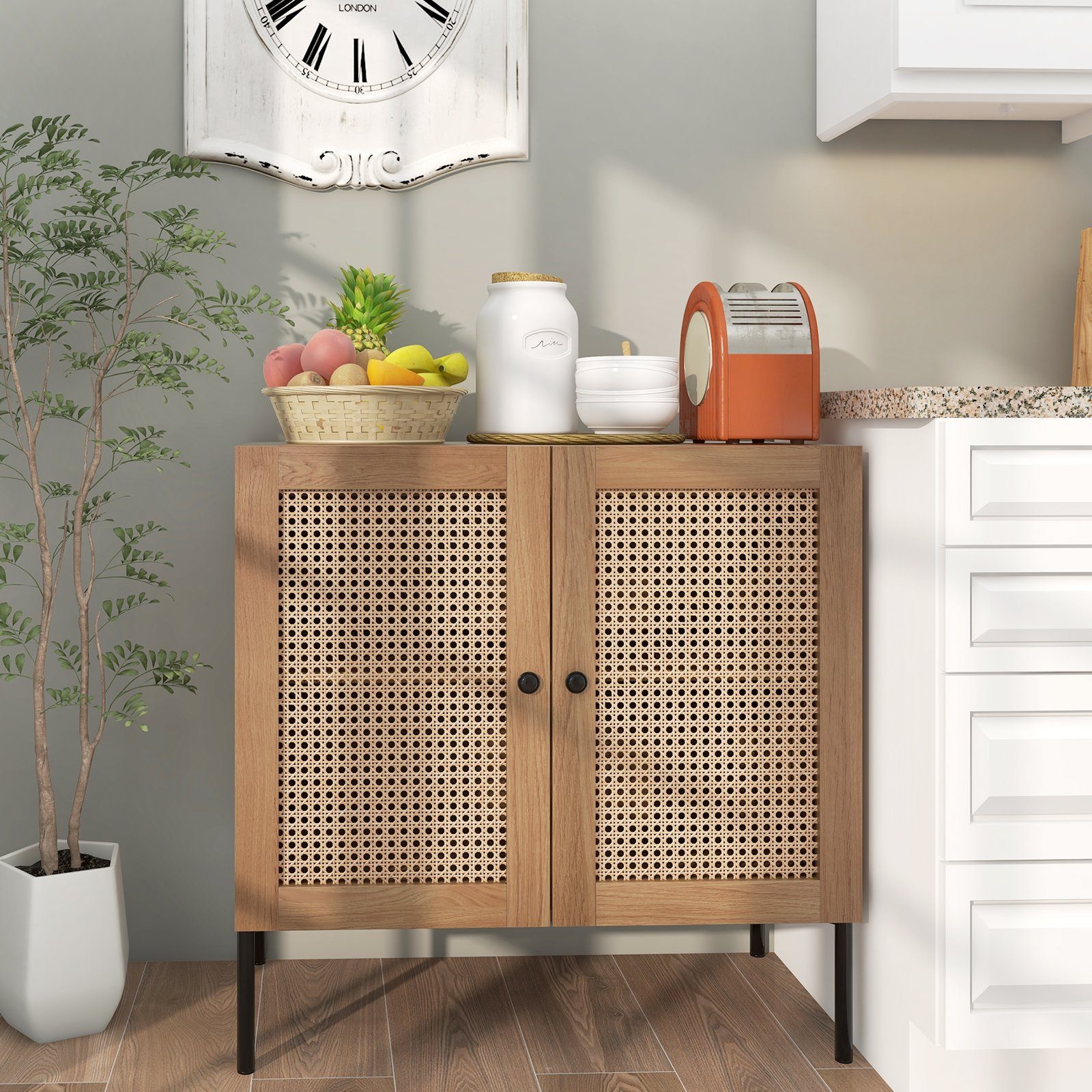 COSTWAY Sideboard, mit Arbeitsplatte, Rattantüren&verstellbarem Regal, 80cm