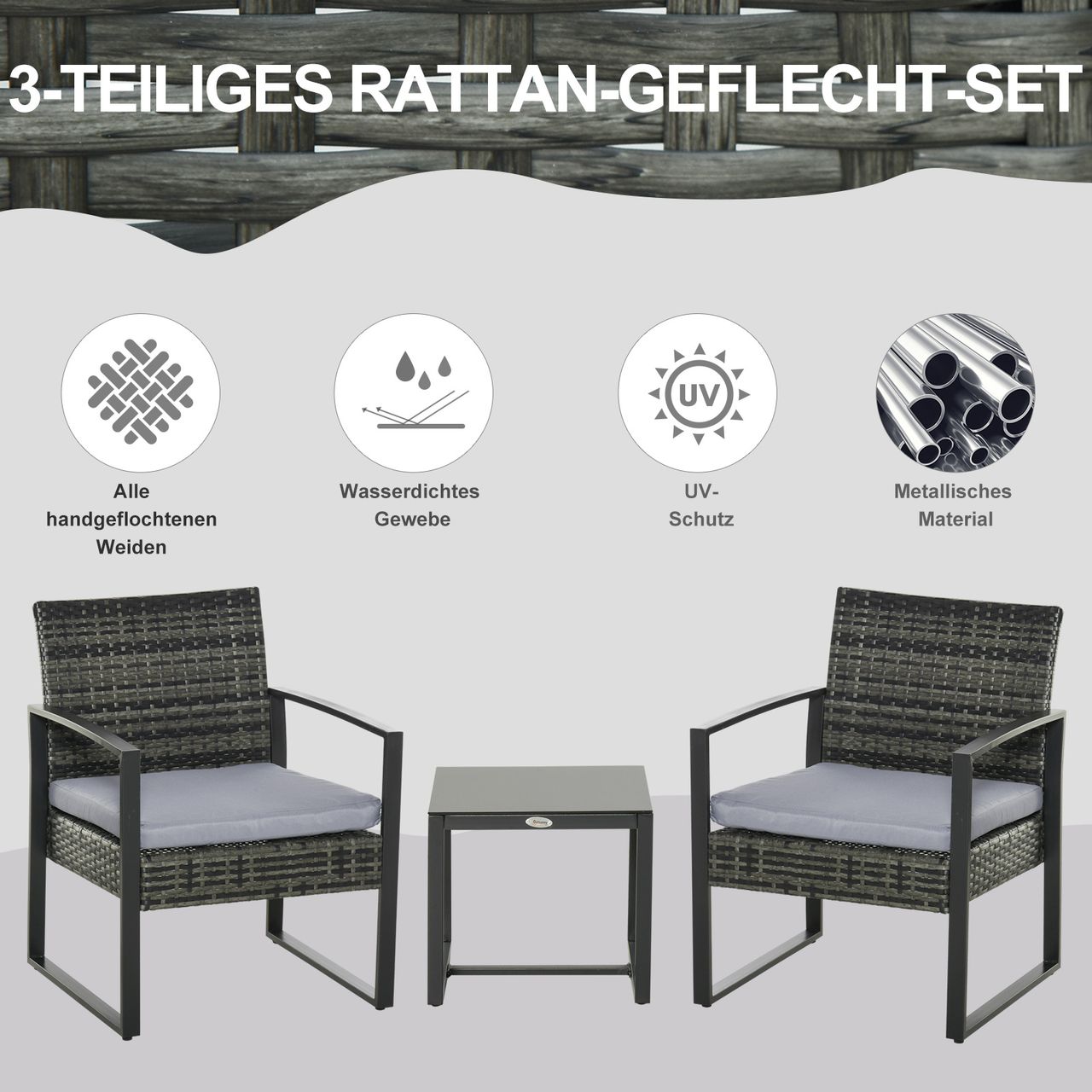 Outsunny Polyrattan Gartenset 3 tlg. Balkonmöbel Set mit Kissen Grau