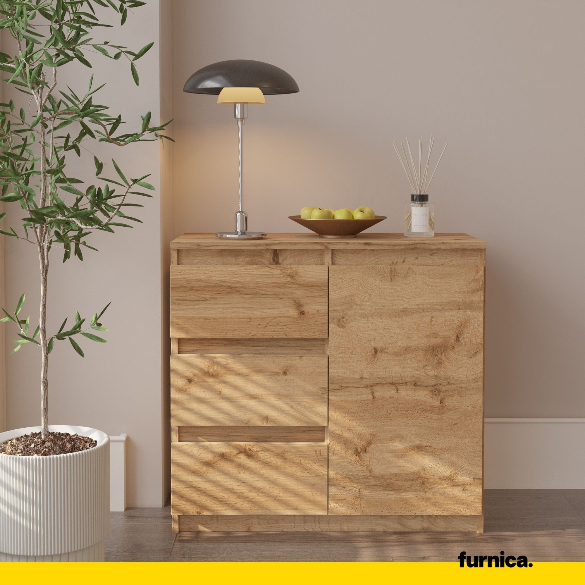 Furnica Kommode MIKEL, 3 Schubladen und 1 Tür - Votan Eiche H75cm B80cm T35cm (1 St)