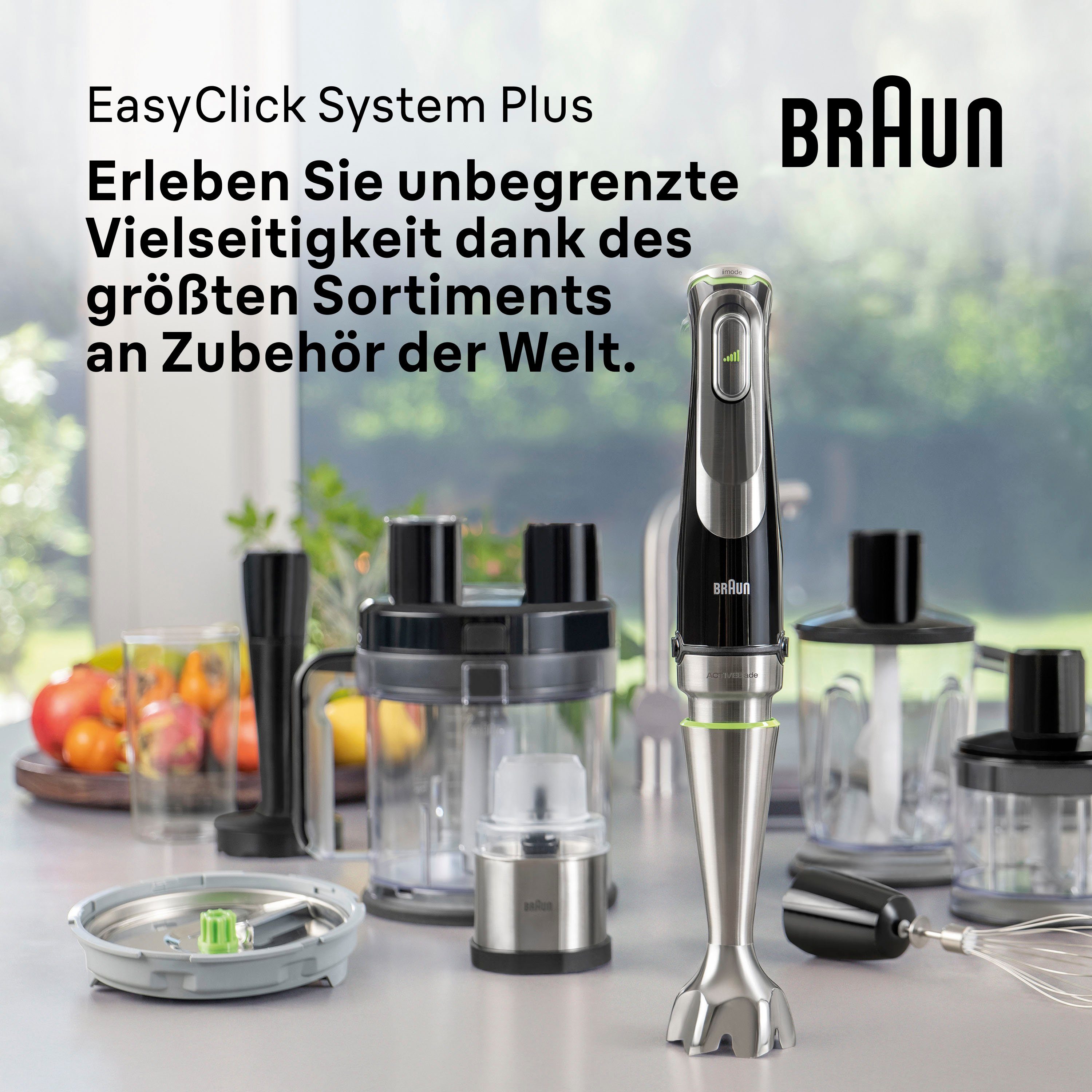 Braun Stabmixer MQ 9147X MultiQuick 9, 1200 W, Schneebesen, Mixeraufsatz, Zerkleinerer, Gemüsestampfer, 0,6l Behälter