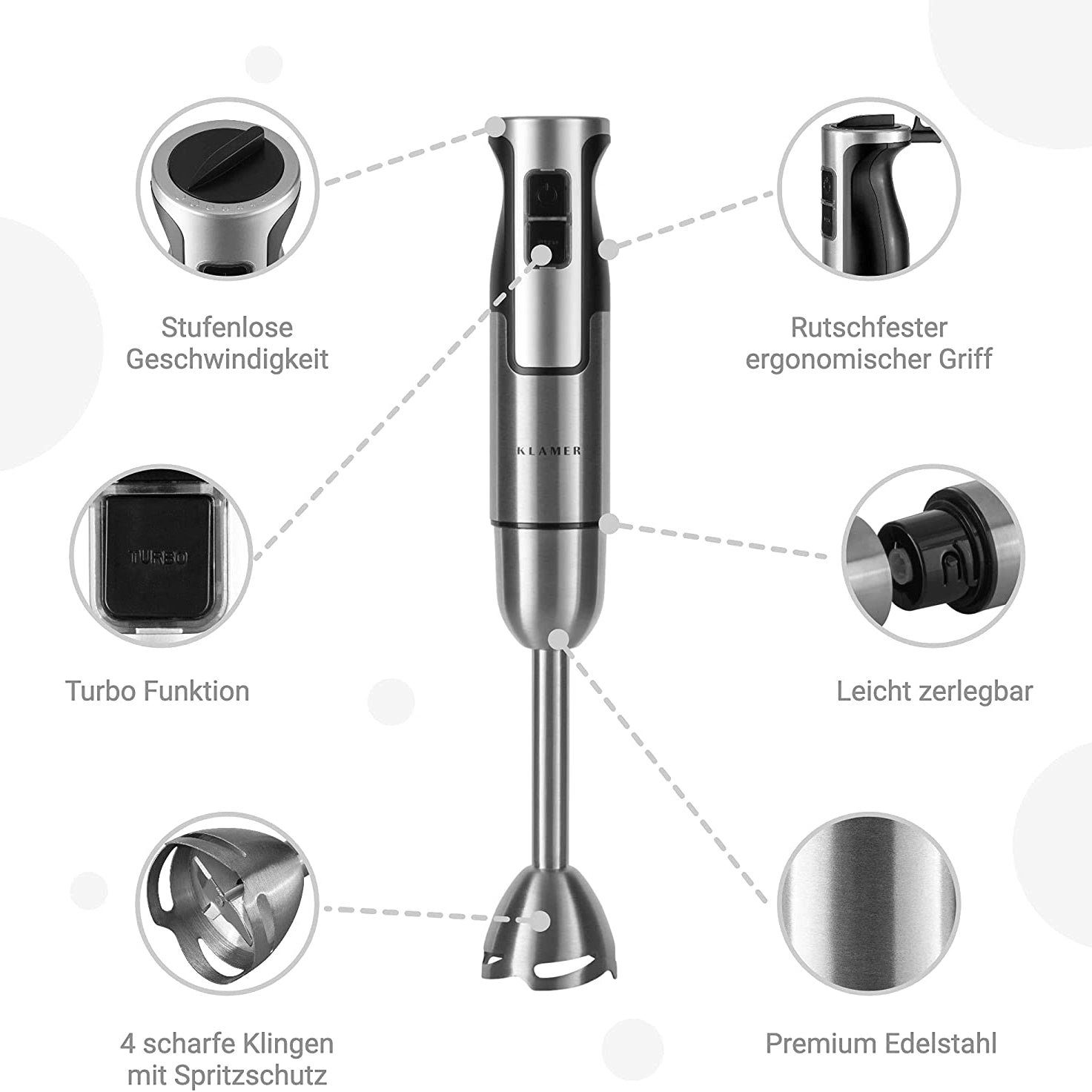 KLAMER Stabmixer KLAMER Stabmixer Set 800 Watt, 4 in 1 Pürierstab Edelstahl mit stufen…