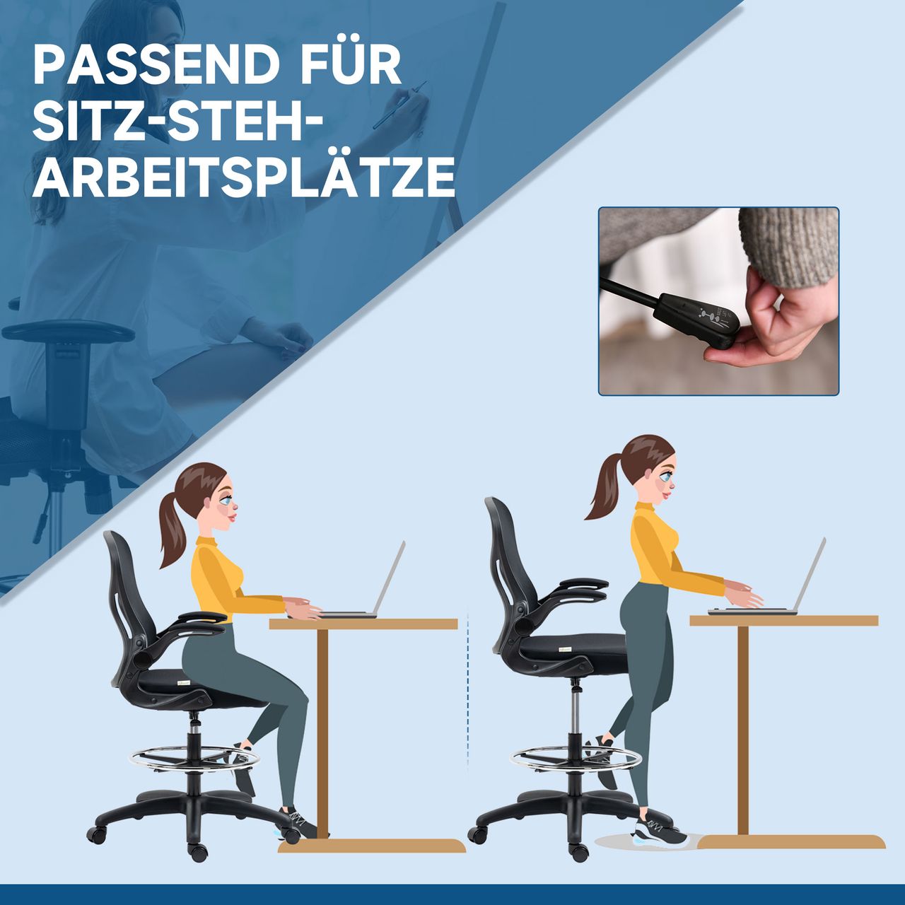 Vinsetto Zeichenstuhl, Höhenverstellbarer Bürostuhl, Ergonomischer Drehstuhl