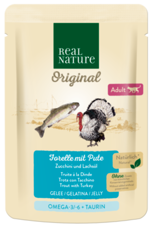 REAL NATURE Nassfutter REAL NATURE Original Adult 12x85g Forelle mit Pute, in Gelée