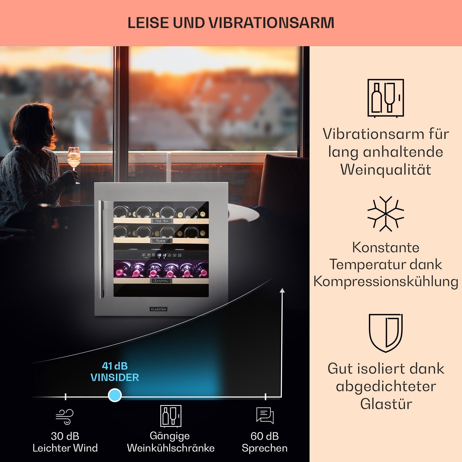 Klarstein Weinkühlschrank Vinsider 36, für 36 Standardflaschen á 0,75l,2 Zonen Wein Flaschenkühlschrank Weintemperierschrank Weinschrank