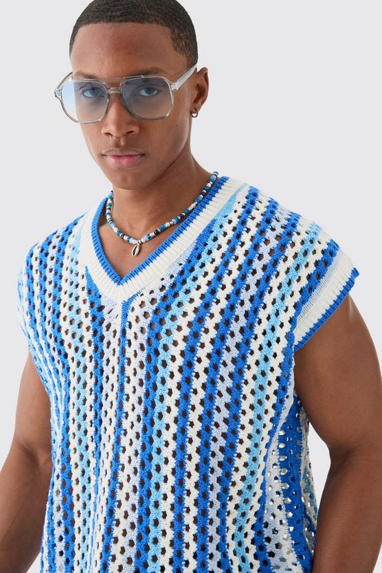 Kastiges gestreiftes Oversize Pullunder mit V-Ausschnitt