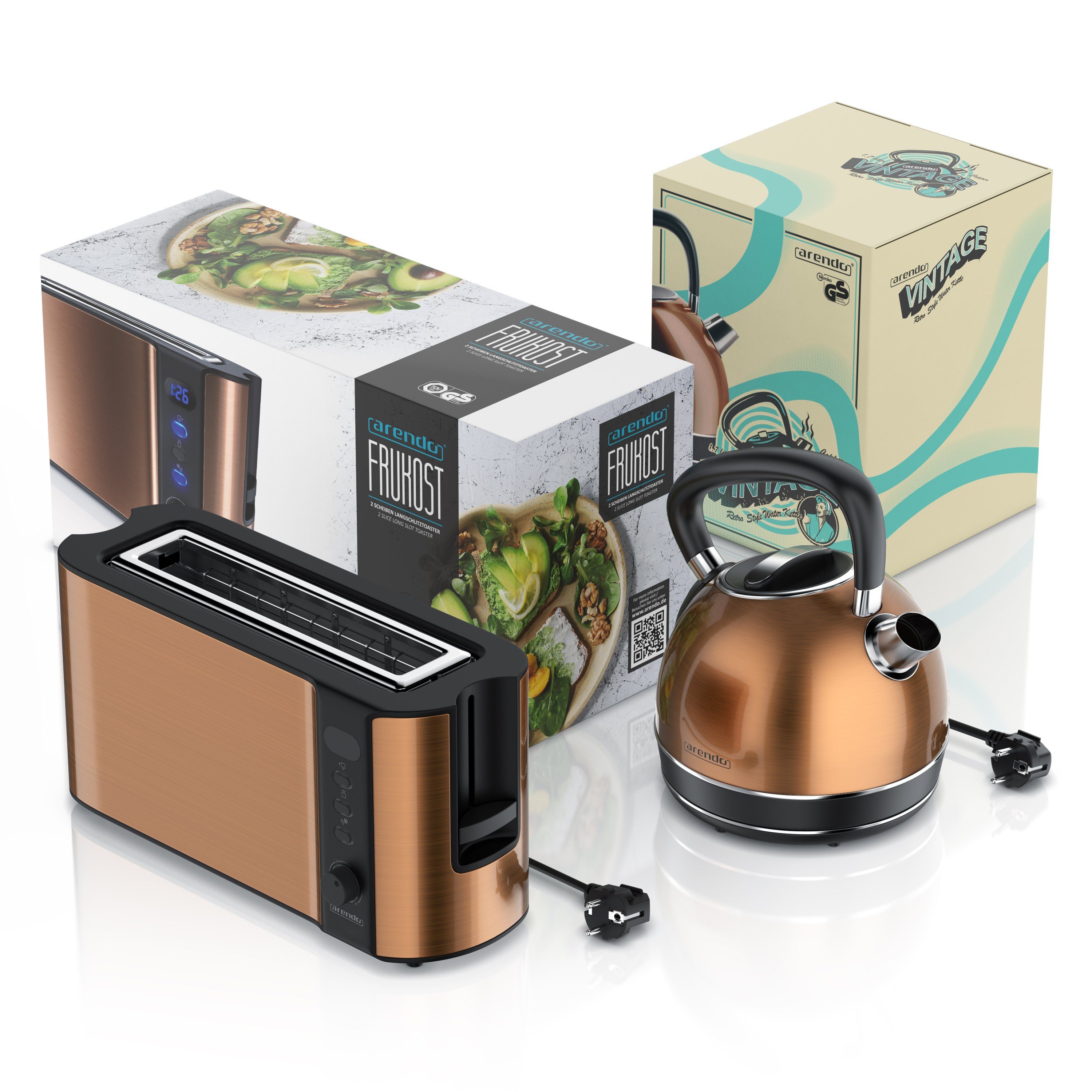 Arendo Frühstücks-Set (2-tlg), Edelstahl Wasserkocher 1,7l & 2 Scheiben Langschlitztoaster, Kupfer