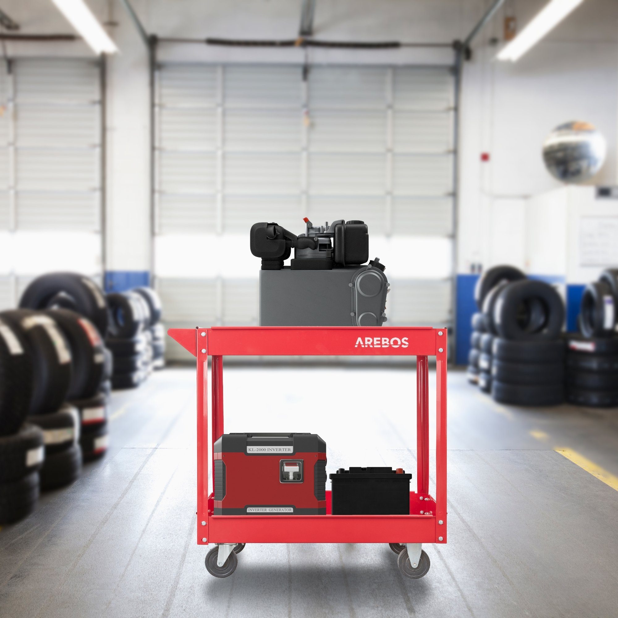 Arebos Werkstattwagen Werkstatt-Rollwagen, Werkzeugwagen, Belastbarkeit bis zu 100 kg, 2 Fächer, max. Traglast:100,00 kg