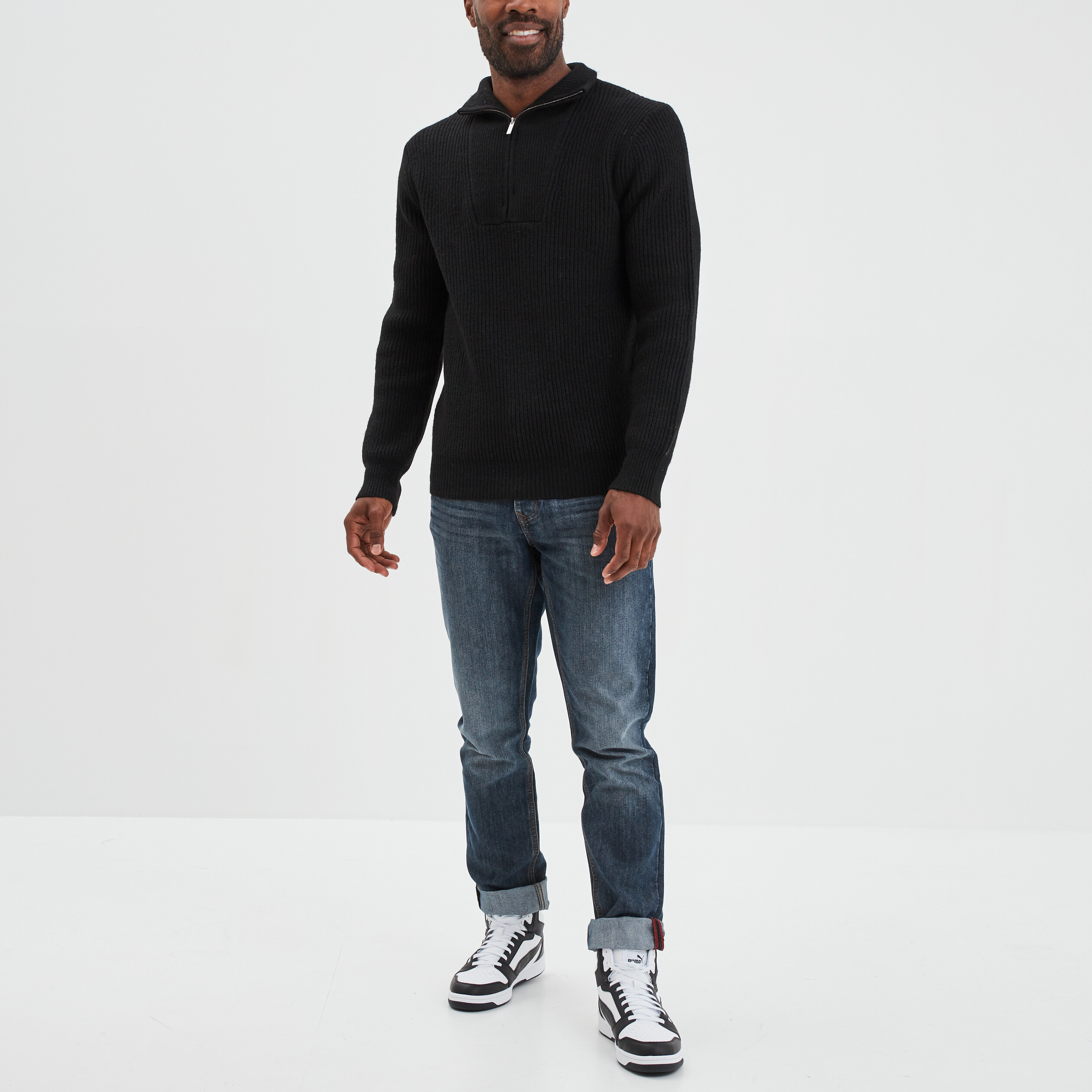 Pull camionneur côtelé noir homme | La Halle
