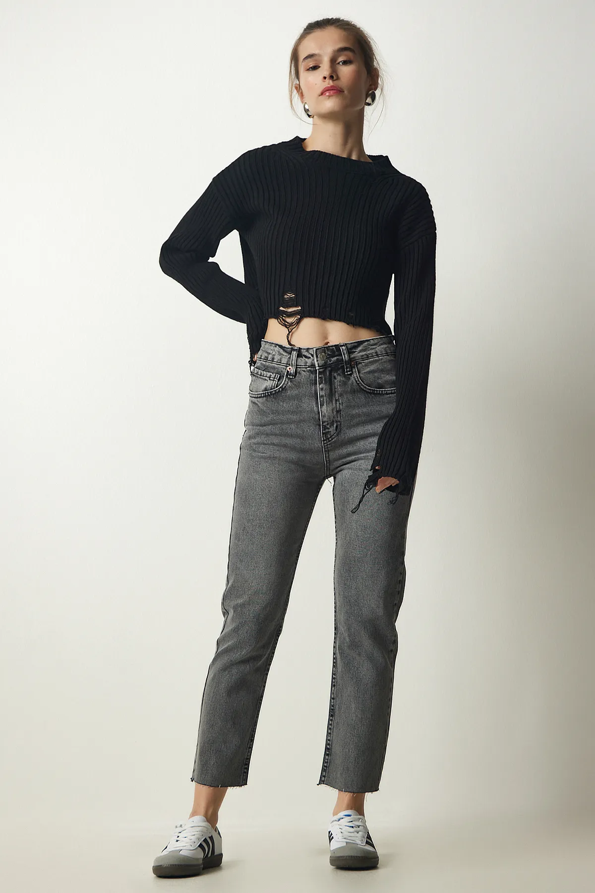 Happiness İstanbul  Graue Damen-Jeanshose mit hohem Bund CB00015