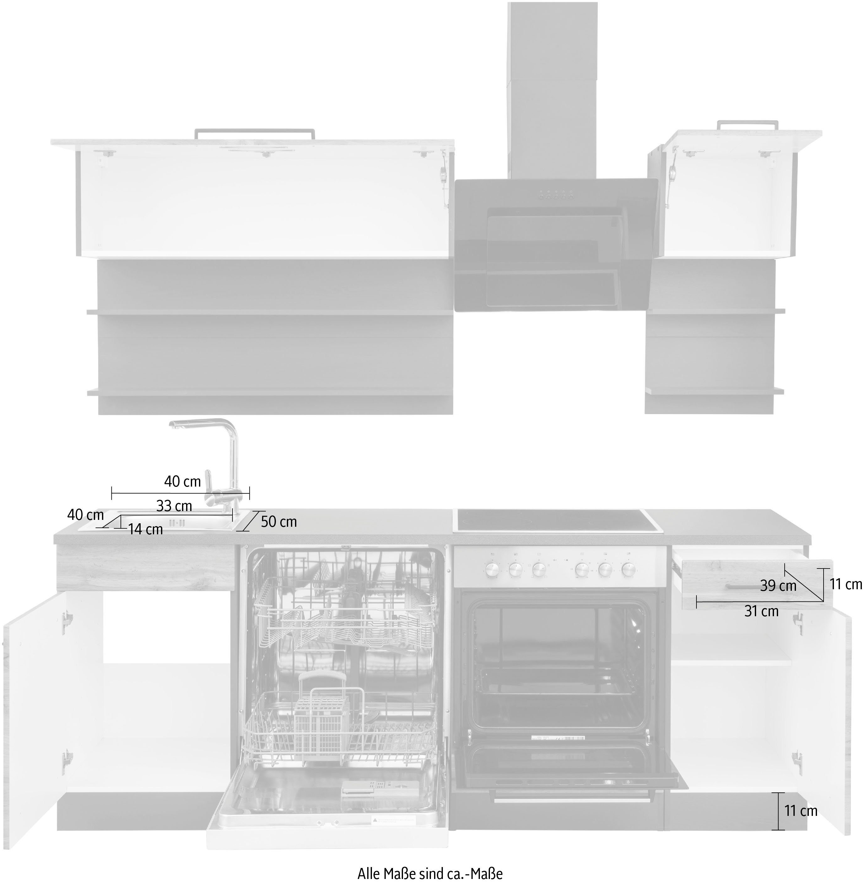 HELD MÖBEL Küchenzeile Tulsa, ohne E-Geräte, Breite 210 cm, schwarze Metallgriffe, MDF Fronten