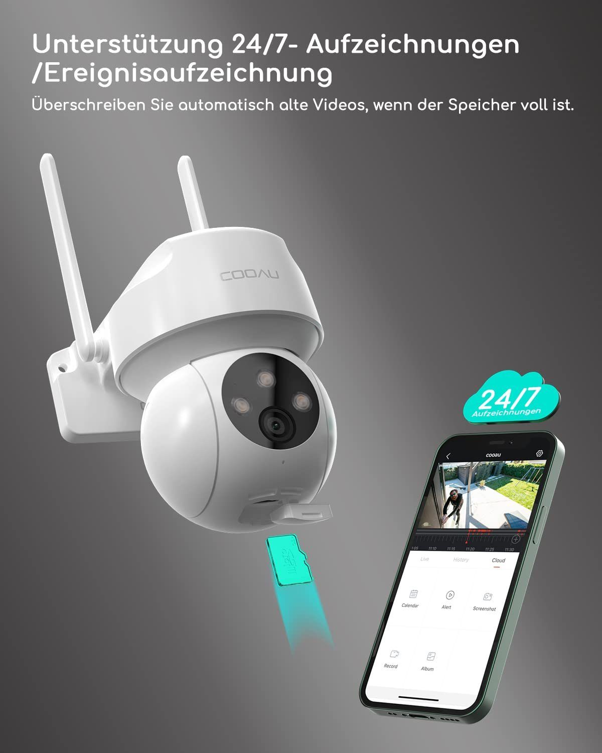 COOAU 2K 3MP Überwachungskamera Aussen PTZ WLAN Kamera Outdoor Überwachungskamera (Aussen, Außen, Außenbereich, 355°/90°Schwenkbar WLAN WiFi Kamera Überwachung, Automatische Menschliche Verfolgung,24/7 Aufnahme,Nachtsicht in Farbe, Erweitert Datensch