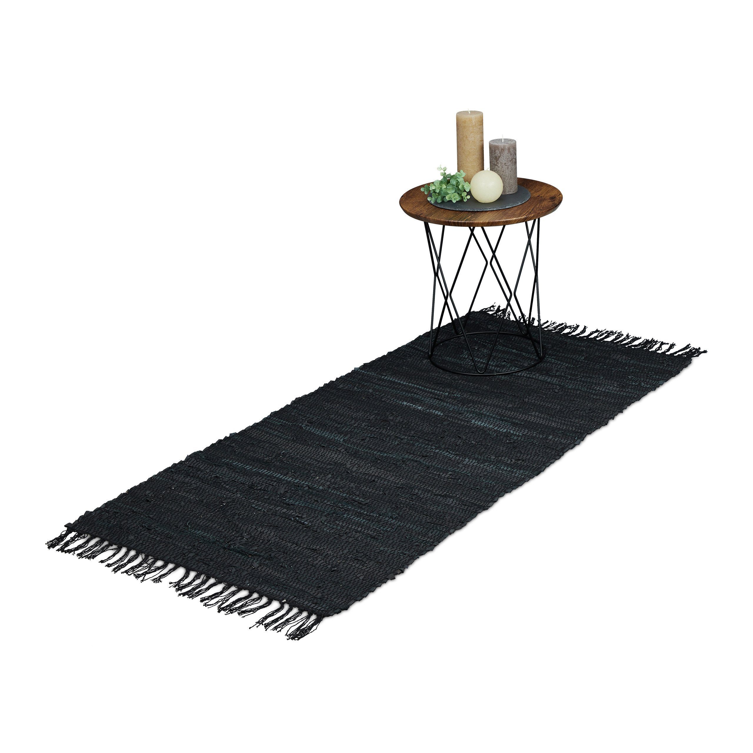 Läufer Flickenteppich aus Leder & Baumwolle, relaxdays, Höhe: 5 mm, Schwarz, 70 x 140 cm