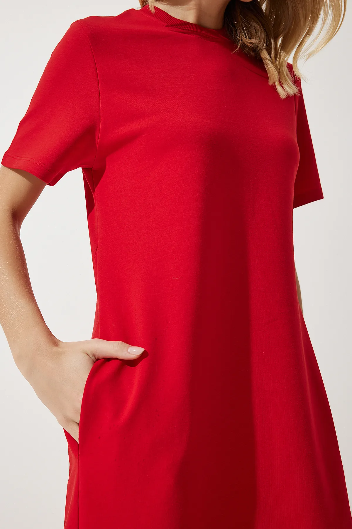 Happiness İstanbul  Rotes A-Linien-Sommerkleid für Damen aus gekämmter Baumwolle UB00060