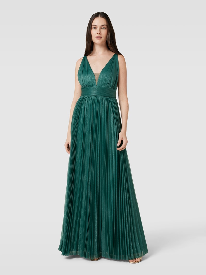 Abendkleid mit Plisseefalten in olivgrün meliert